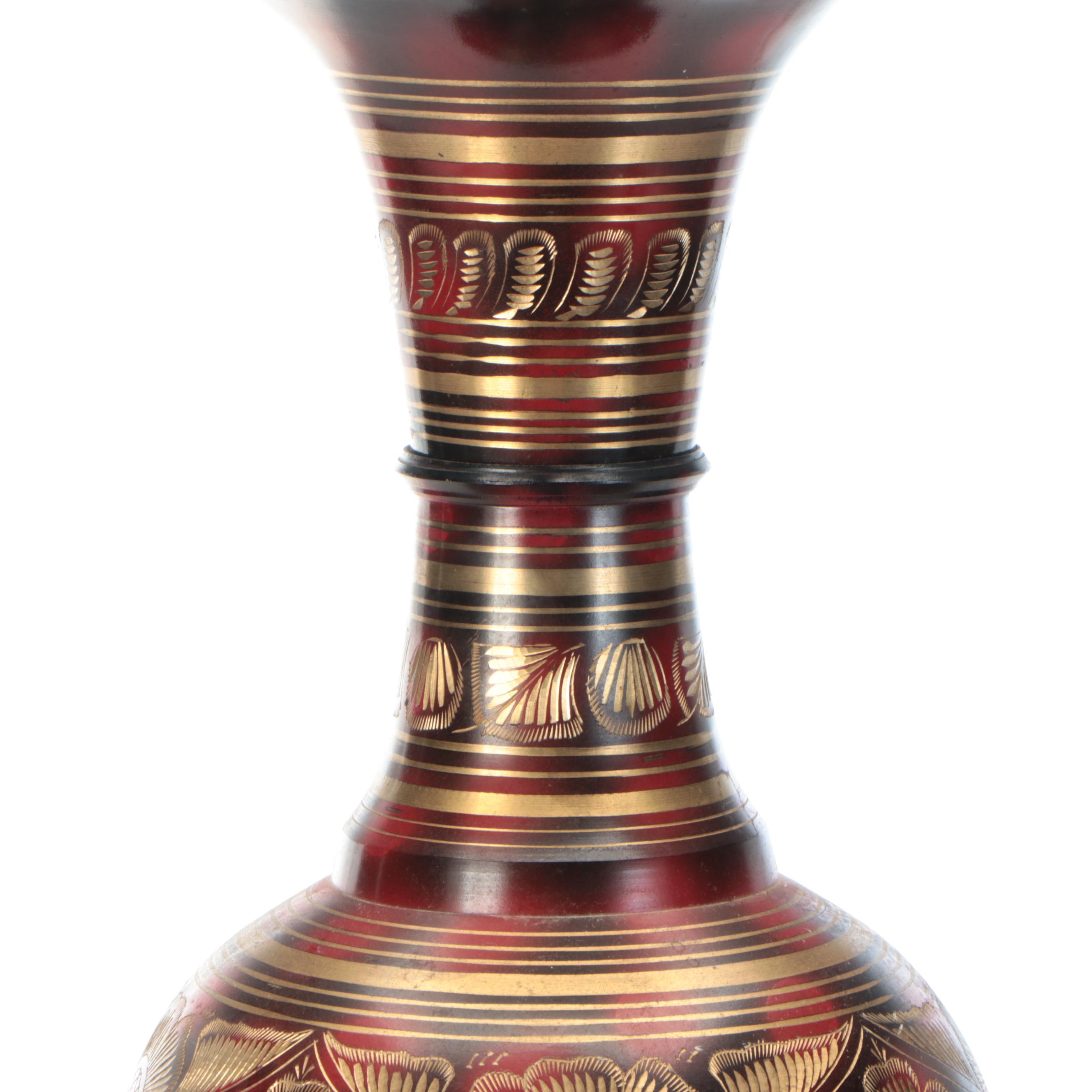 Indian Hand-Chased Brass and Enameled Vase