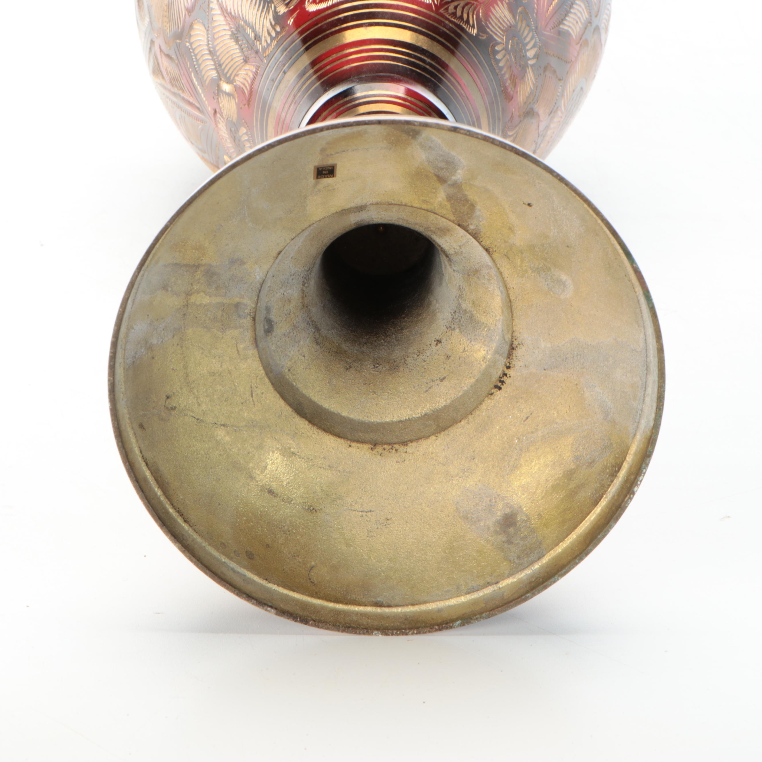 Indian Hand-Chased Brass and Enameled Vase