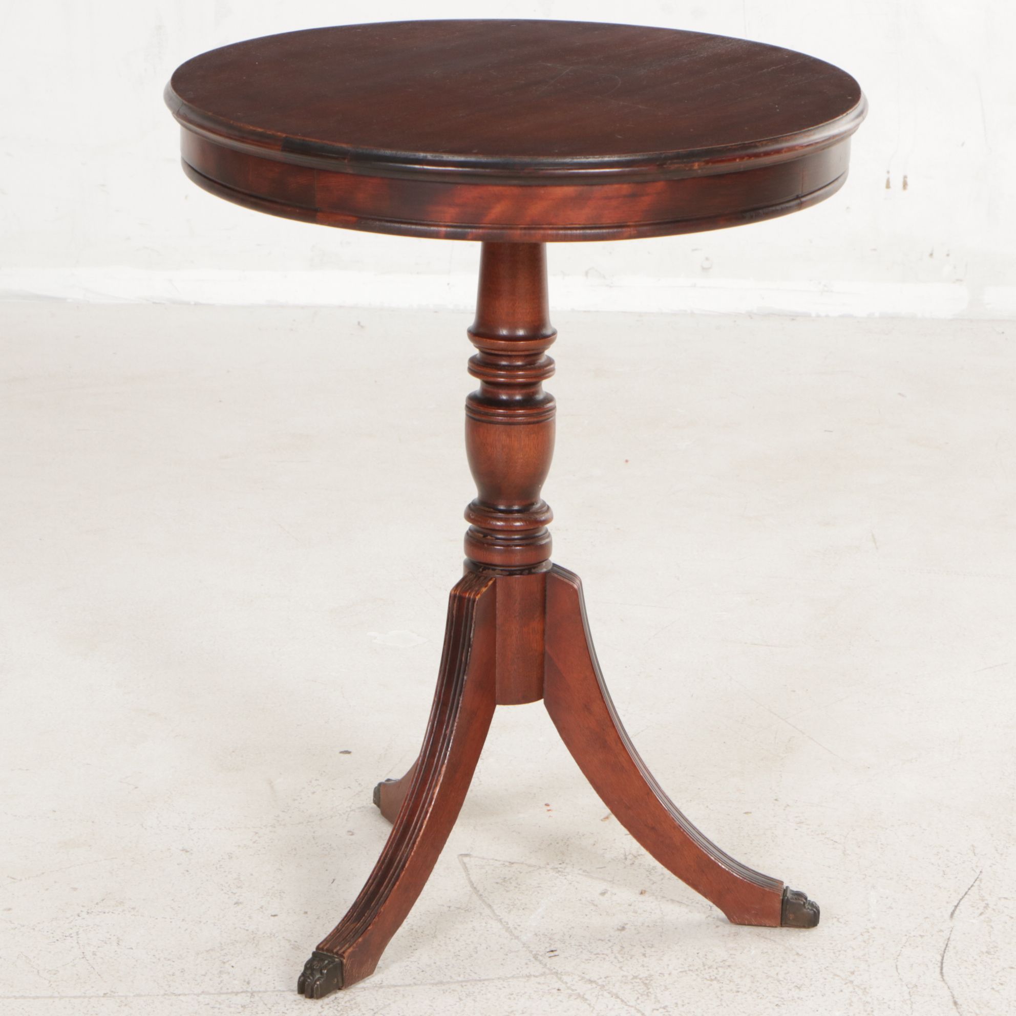 Mahogany Federal Style Drum Table With Three Legs and Metal Claw Feet Overlays