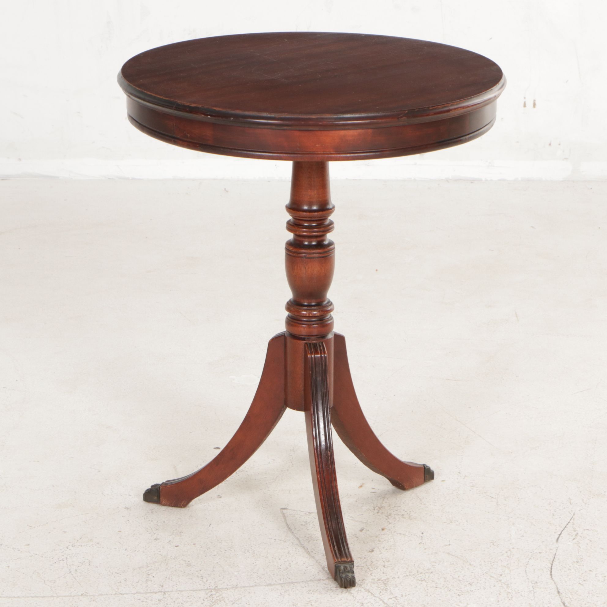 Mahogany Federal Style Drum Table With Three Legs and Metal Claw Feet Overlays