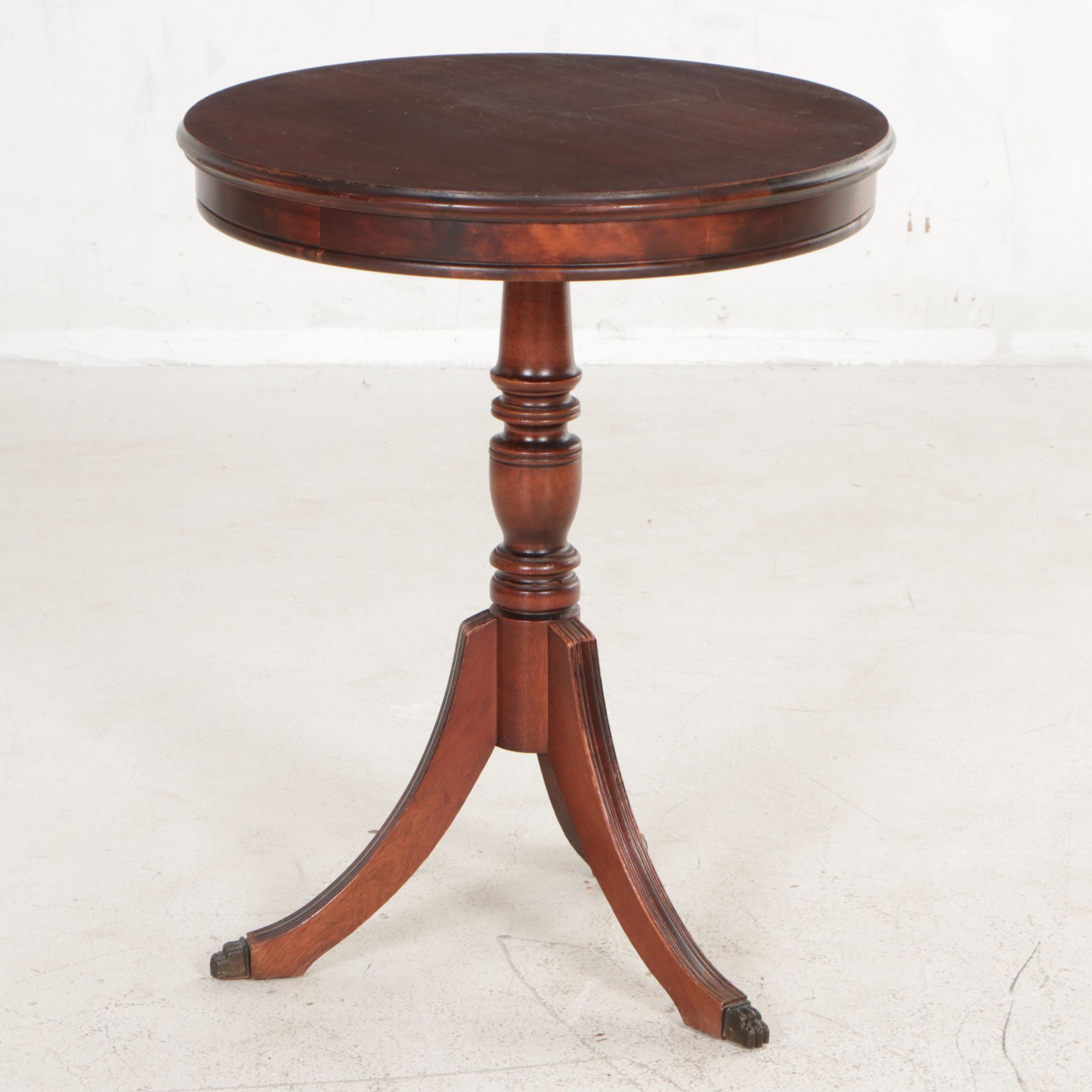 Mahogany Federal Style Drum Table With Three Legs and Metal Claw Feet Overlays