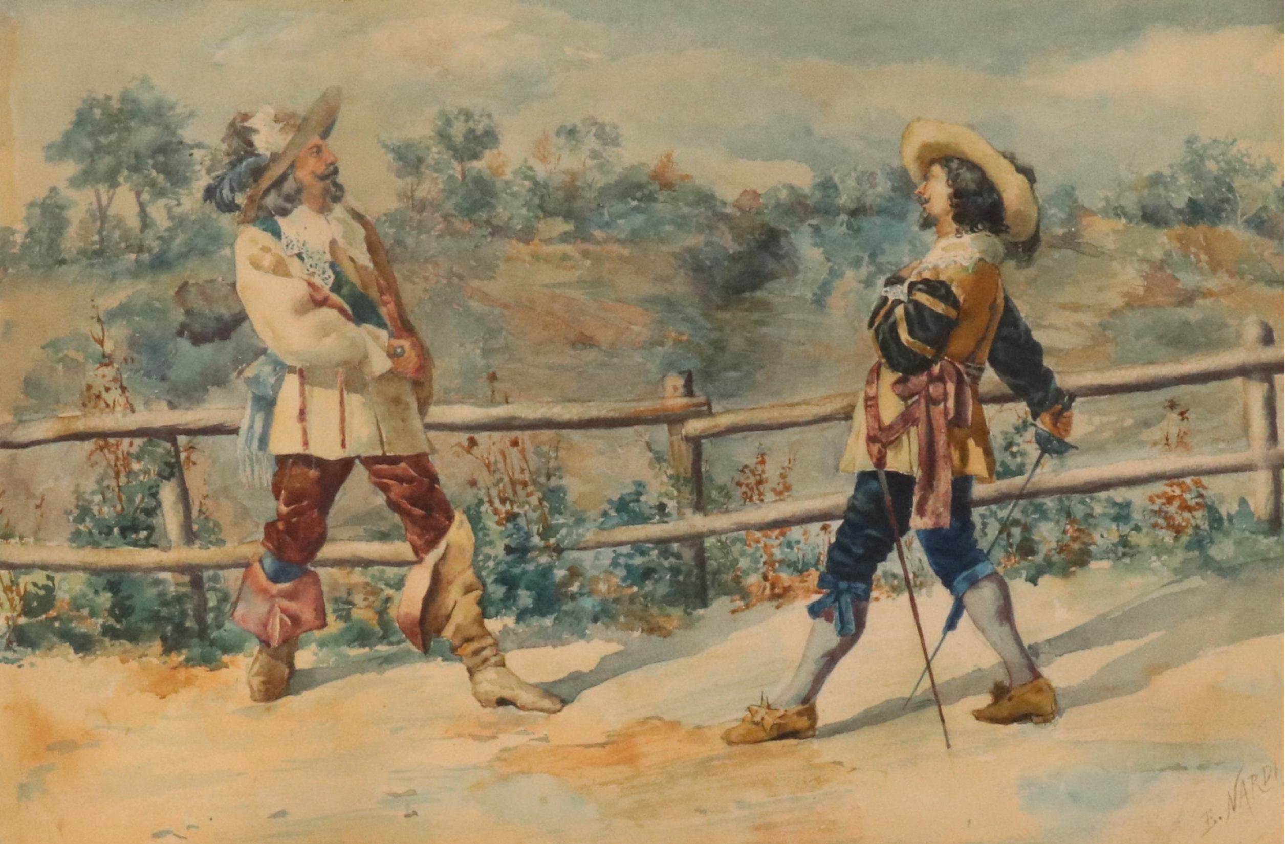 Enrico Nardi Watercolor of Two Cavaliers