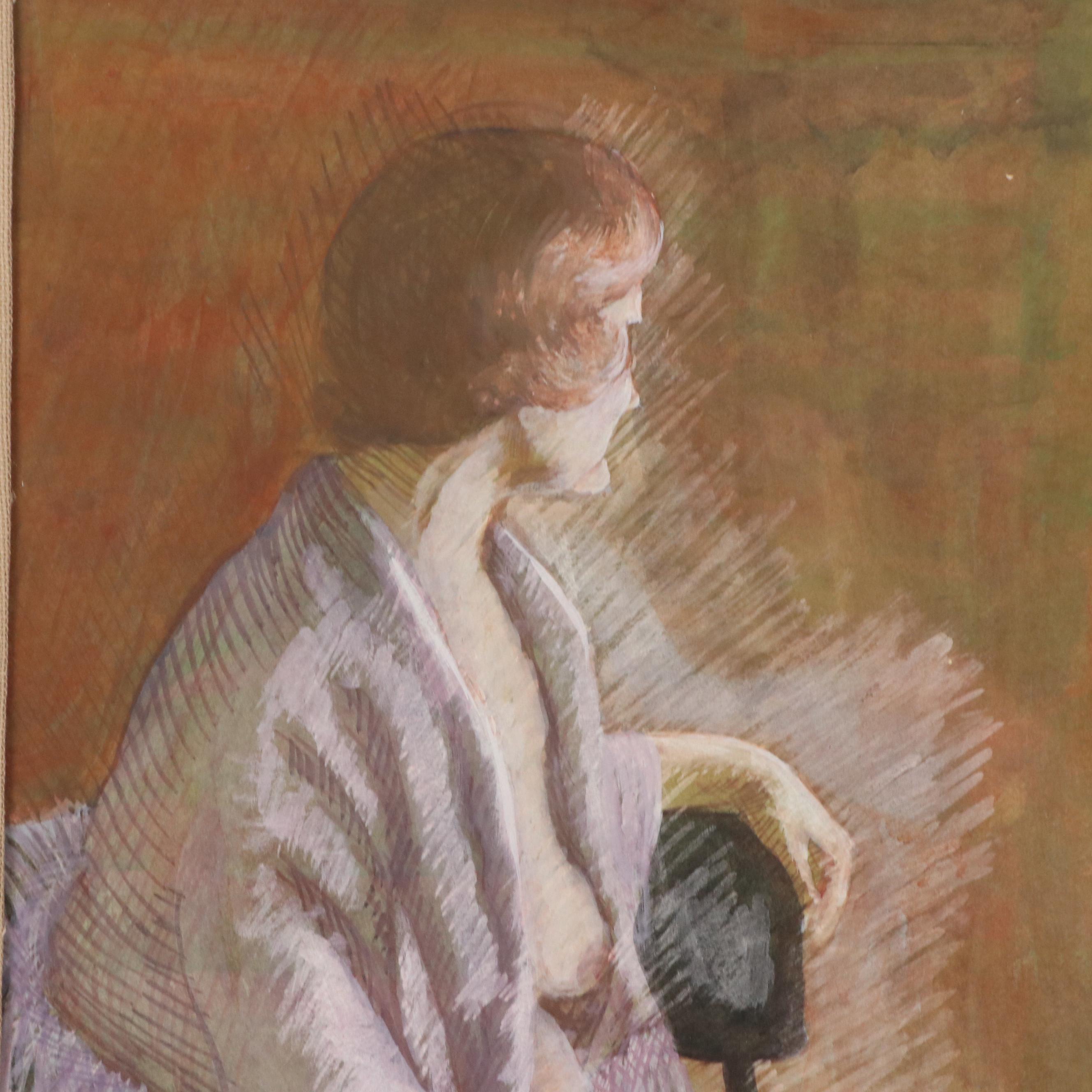 Watercolor and Gouache Portrait of a Seated Woman, Late 20th Century