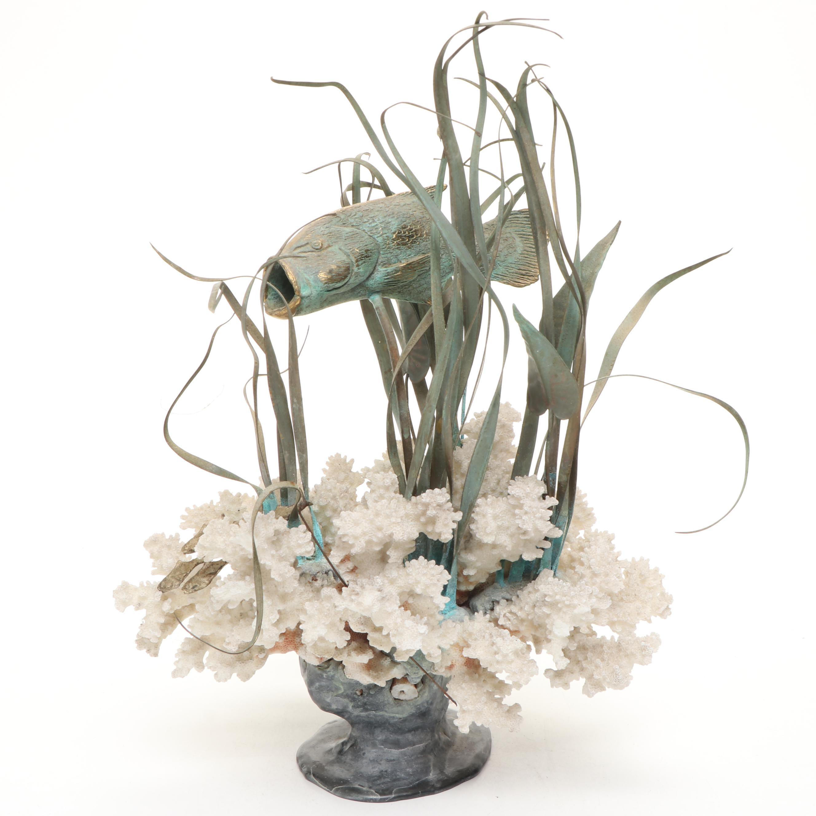 Gregory Higgins Signed Fossil Coral and Cast Metal Marine Sculpture