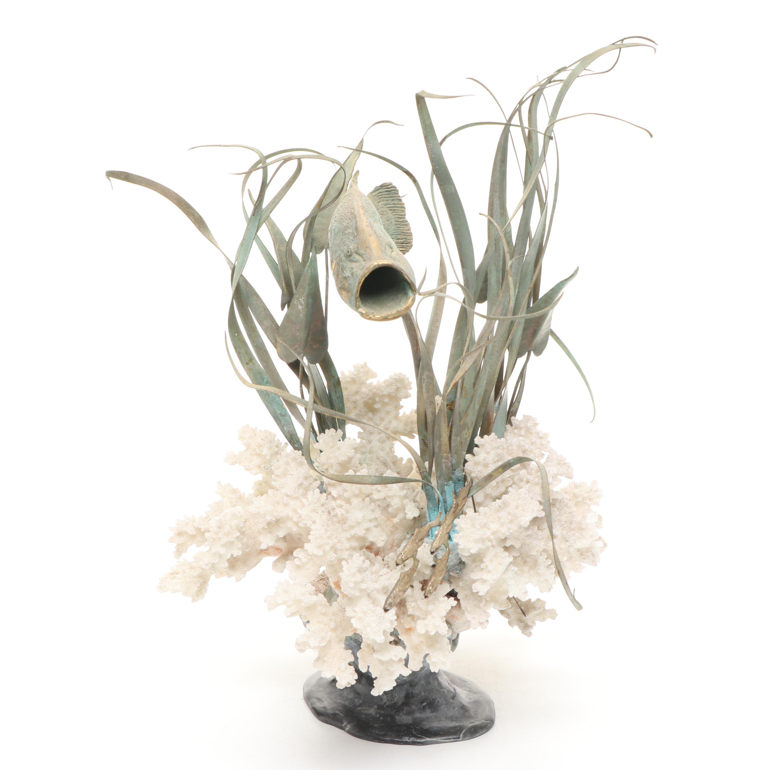 Gregory Higgins Signed Fossil Coral and Cast Metal Marine Sculpture