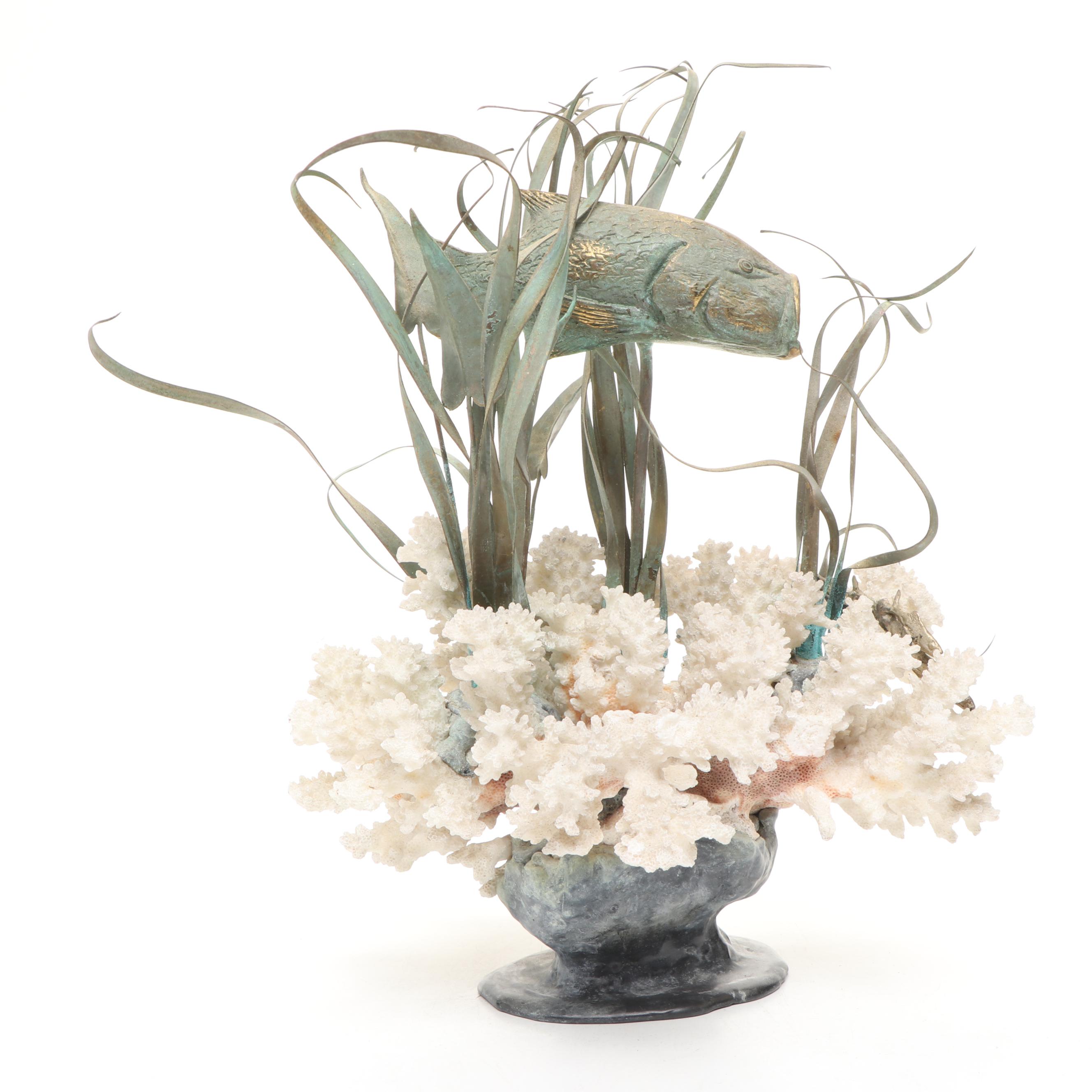 Gregory Higgins Signed Fossil Coral and Cast Metal Marine Sculpture