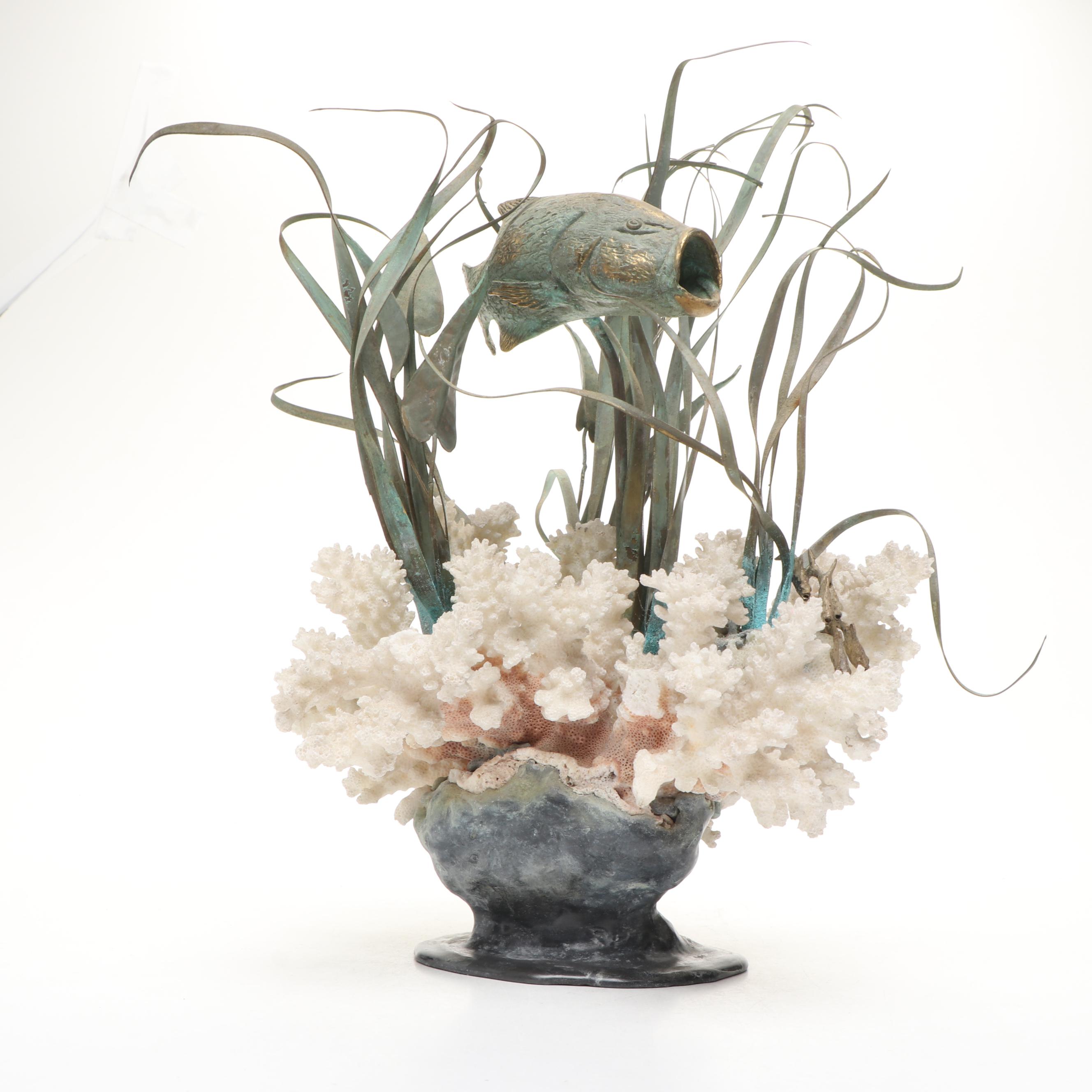 Gregory Higgins Signed Fossil Coral and Cast Metal Marine Sculpture