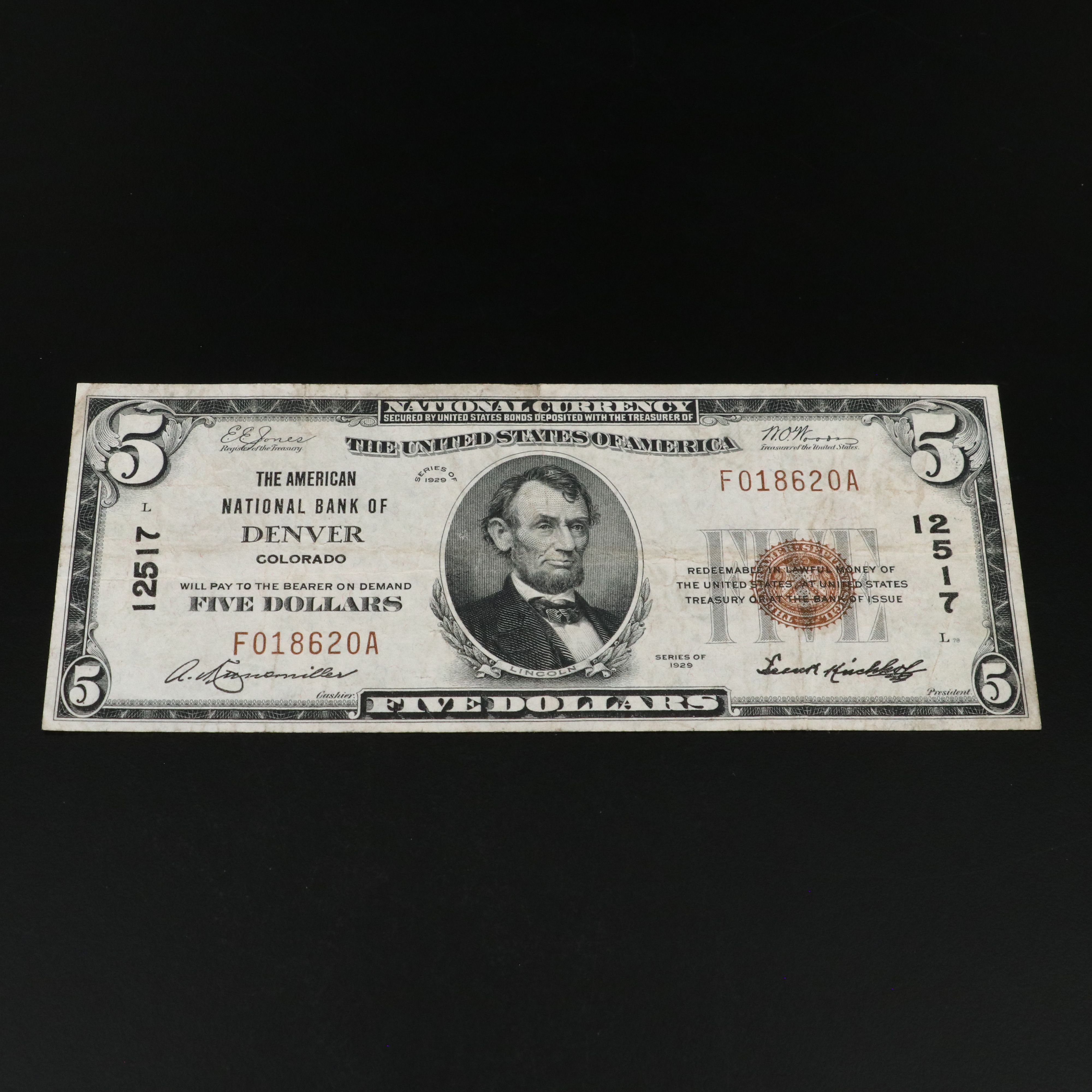 1929 Five Dollar National Bank Note from the American National Bank of Denver