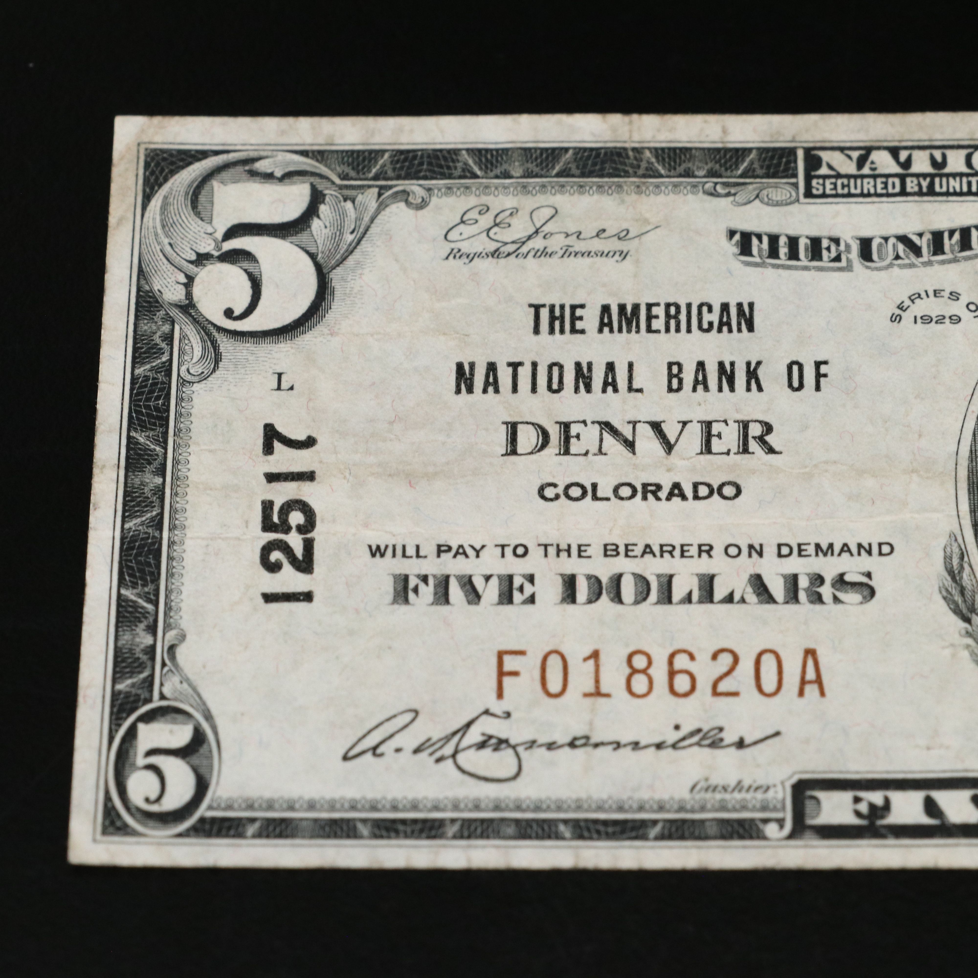 1929 Five Dollar National Bank Note from the American National Bank of Denver