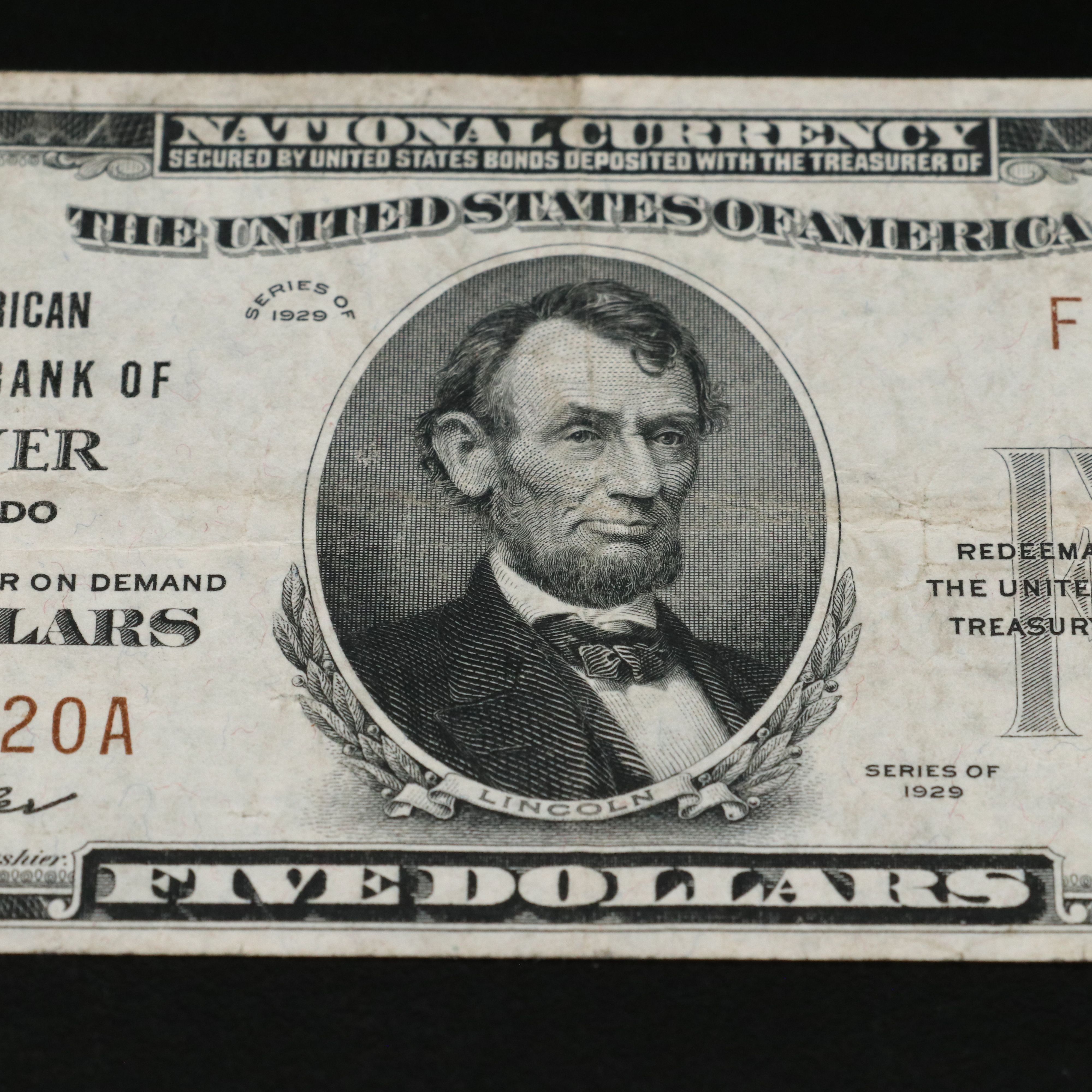 1929 Five Dollar National Bank Note from the American National Bank of Denver