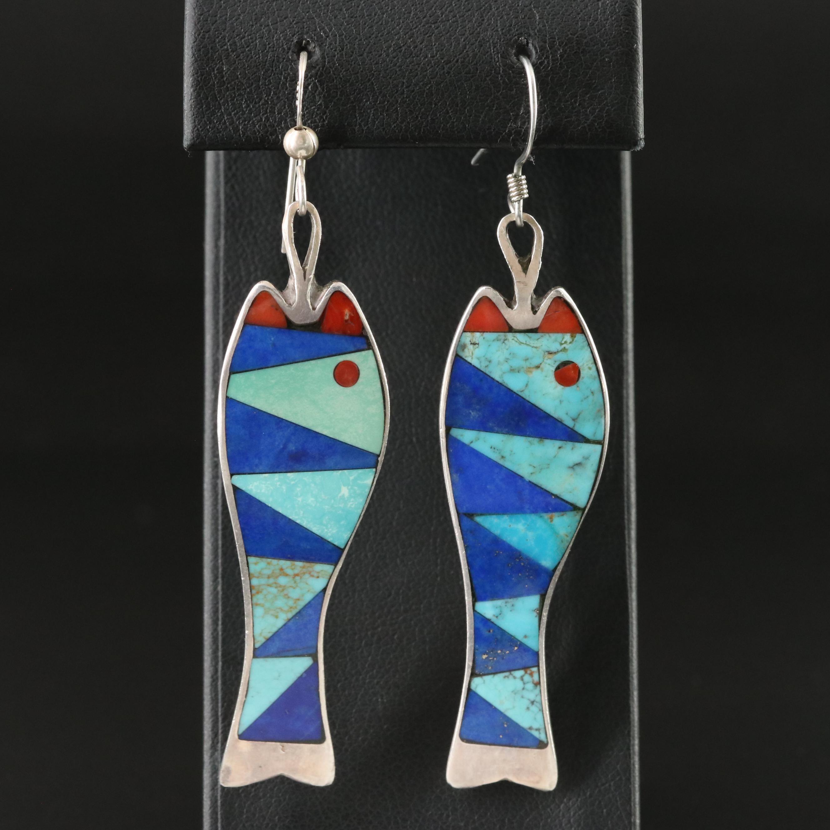 Sterling Turquoise, Coral and Lapis Lazuli Fish Earrings
