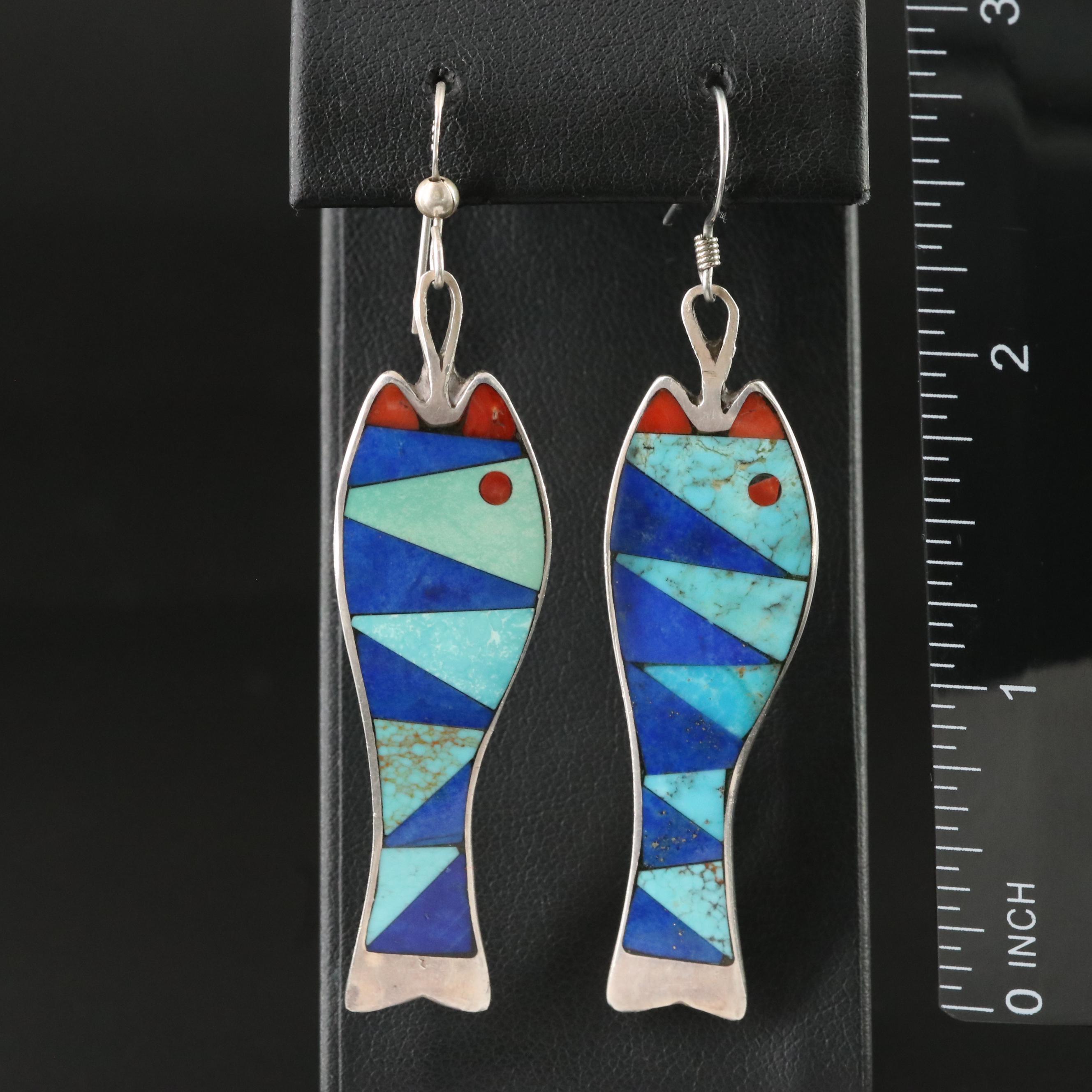 Sterling Turquoise, Coral and Lapis Lazuli Fish Earrings