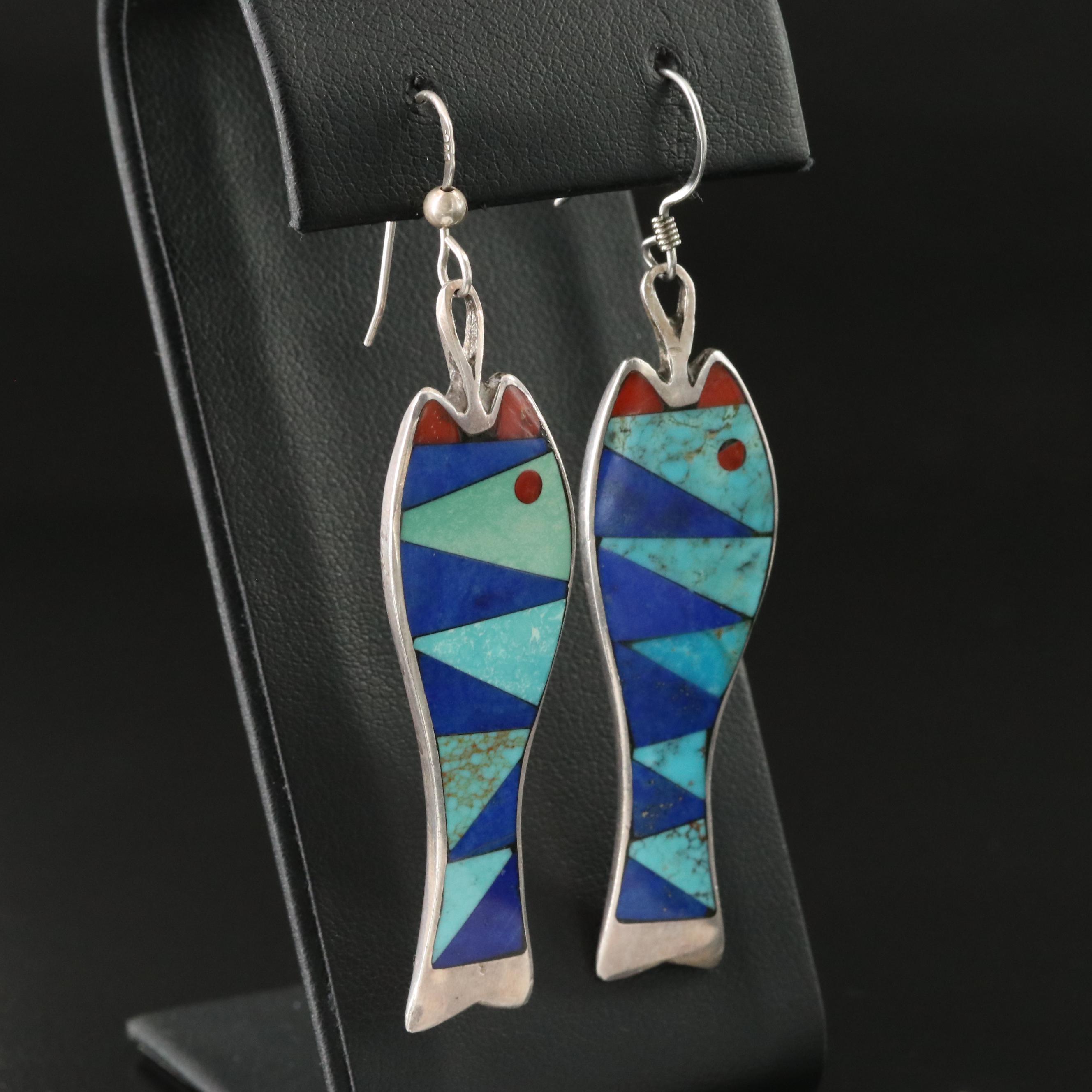 Sterling Turquoise, Coral and Lapis Lazuli Fish Earrings