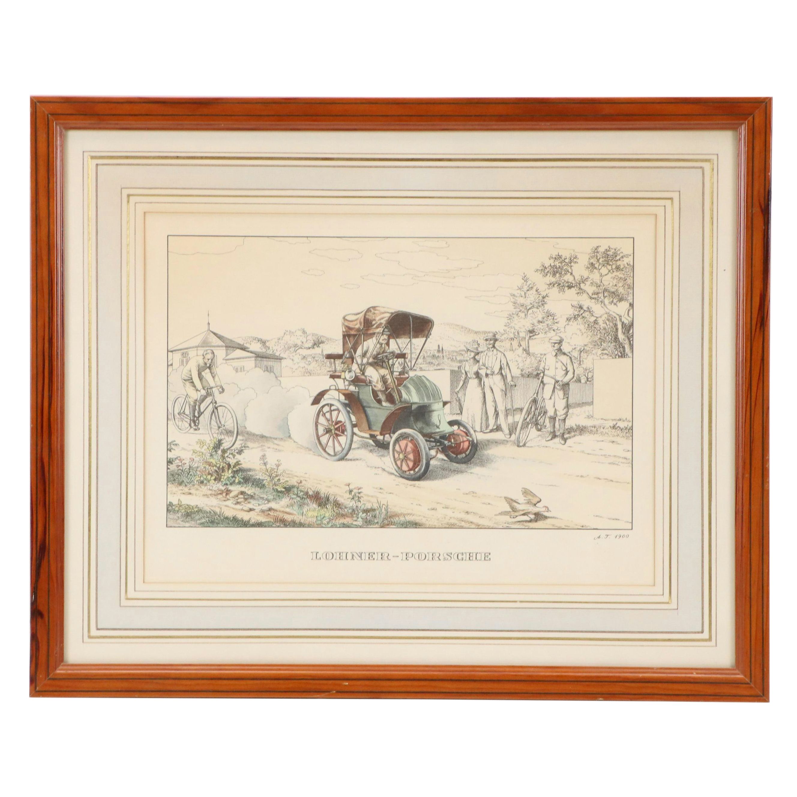 Hand-Colored Lithograph of 1900 Lohner-Porsche Hybrid