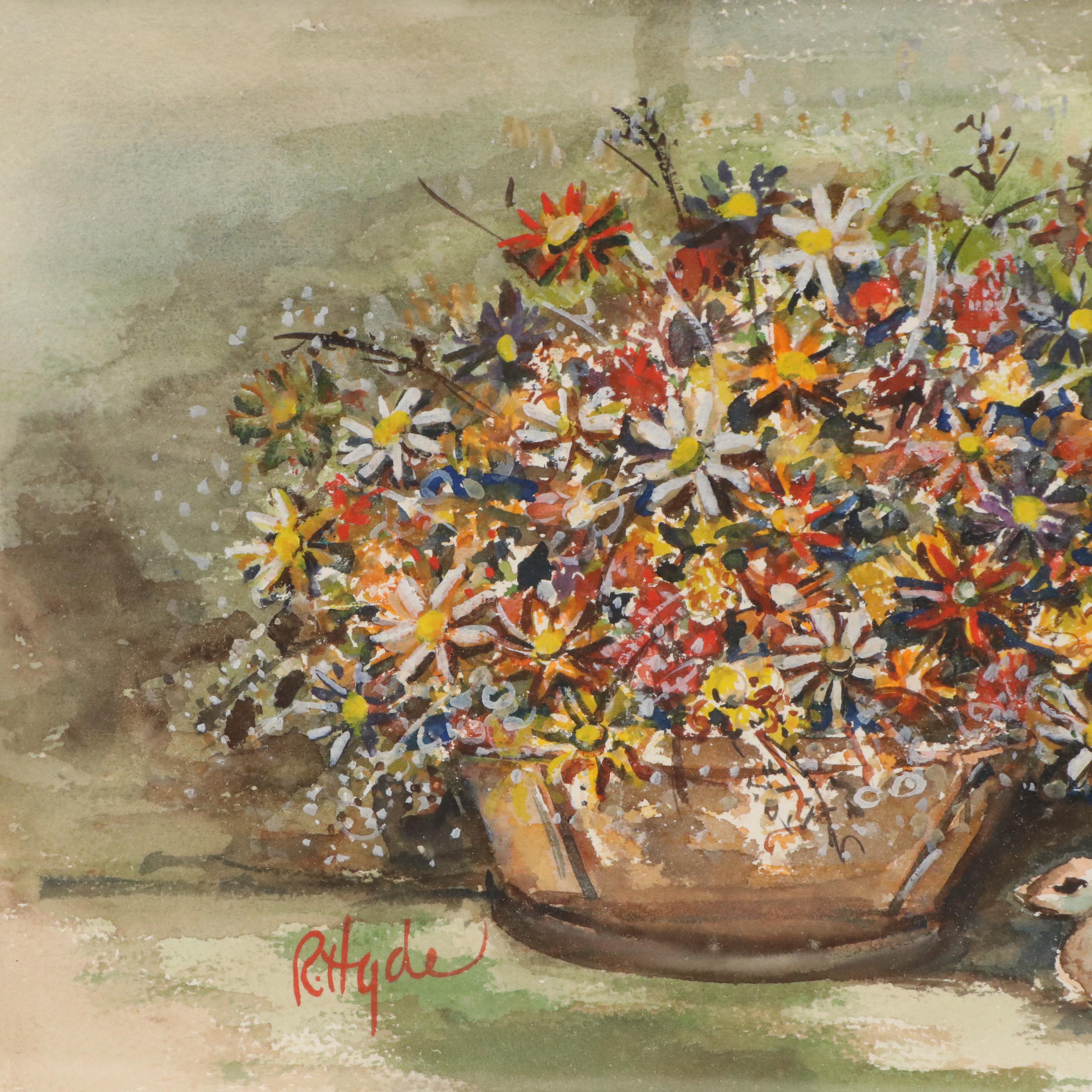 R. Hyde Watercolor Painting with Floral Still Life and Rabbits