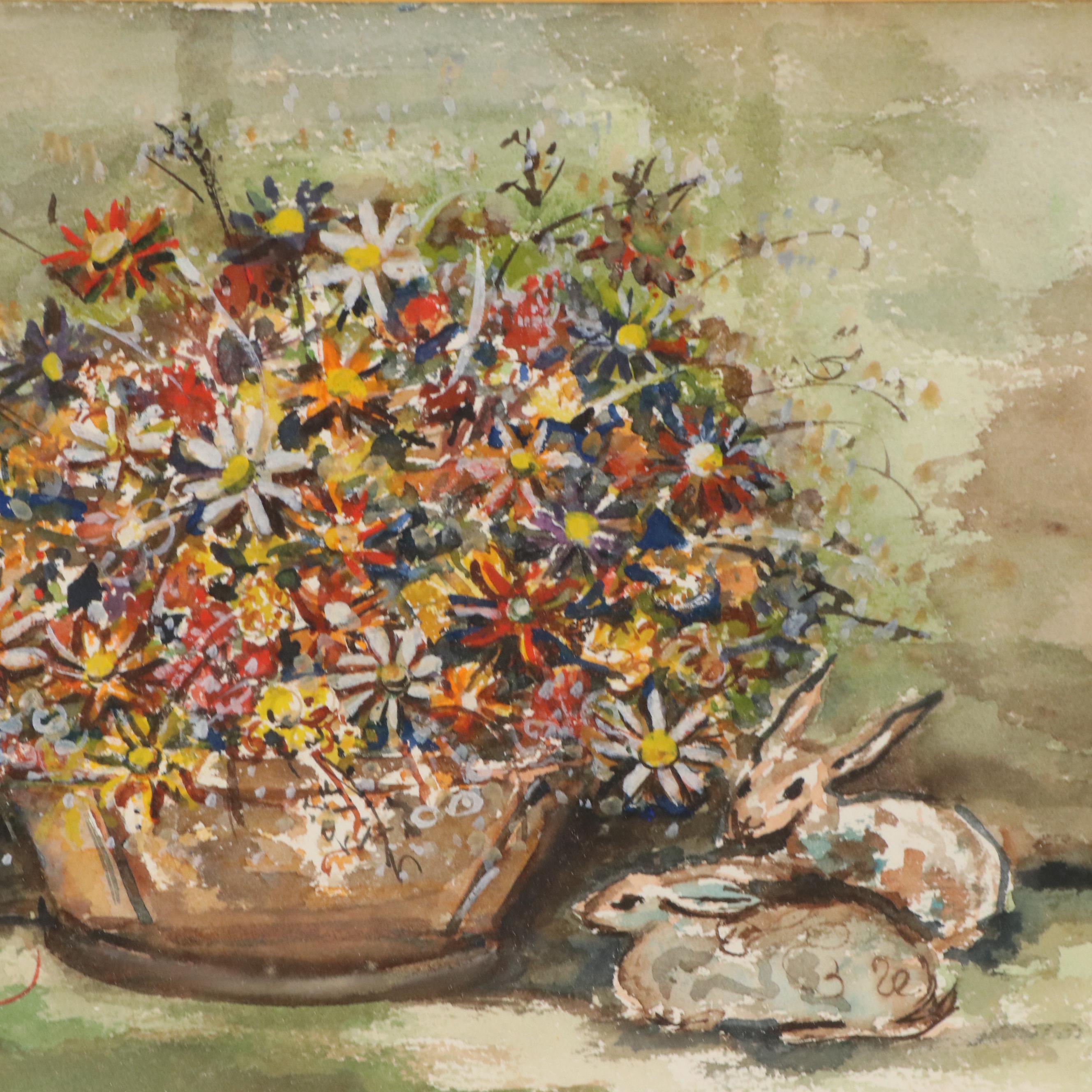 R. Hyde Watercolor Painting with Floral Still Life and Rabbits