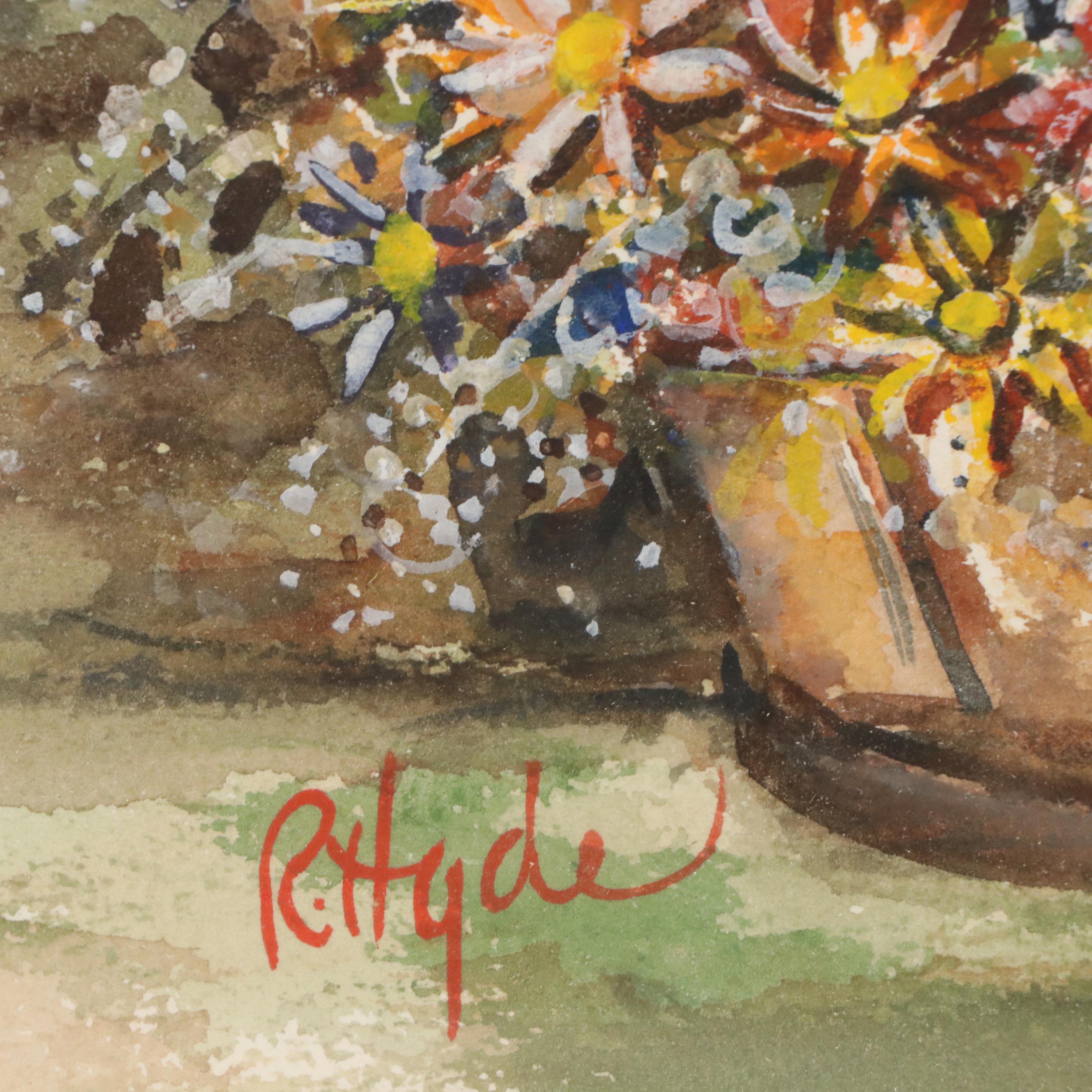 R. Hyde Watercolor Painting with Floral Still Life and Rabbits