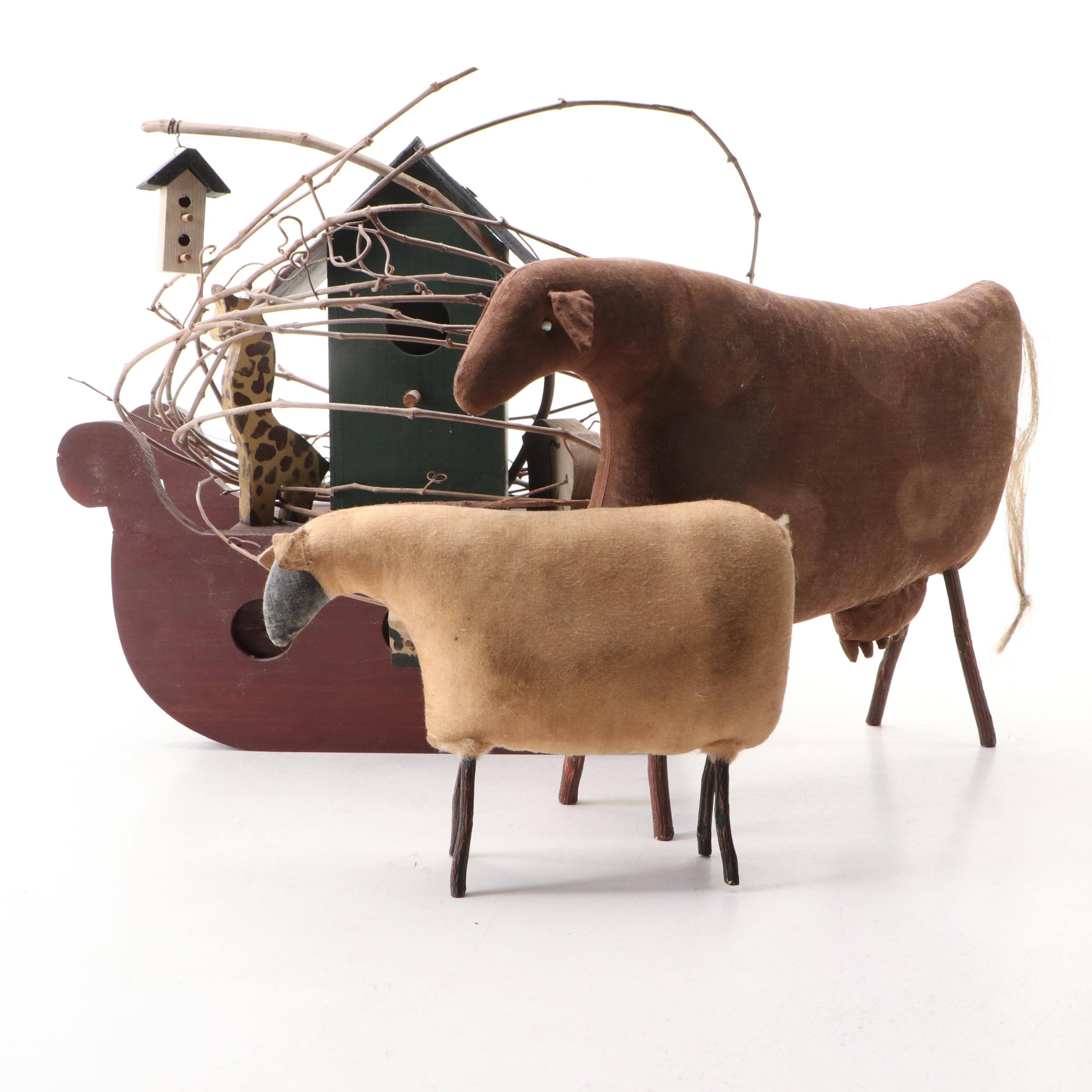 American Folk Art Style Wooden Ark with Animal Figurines