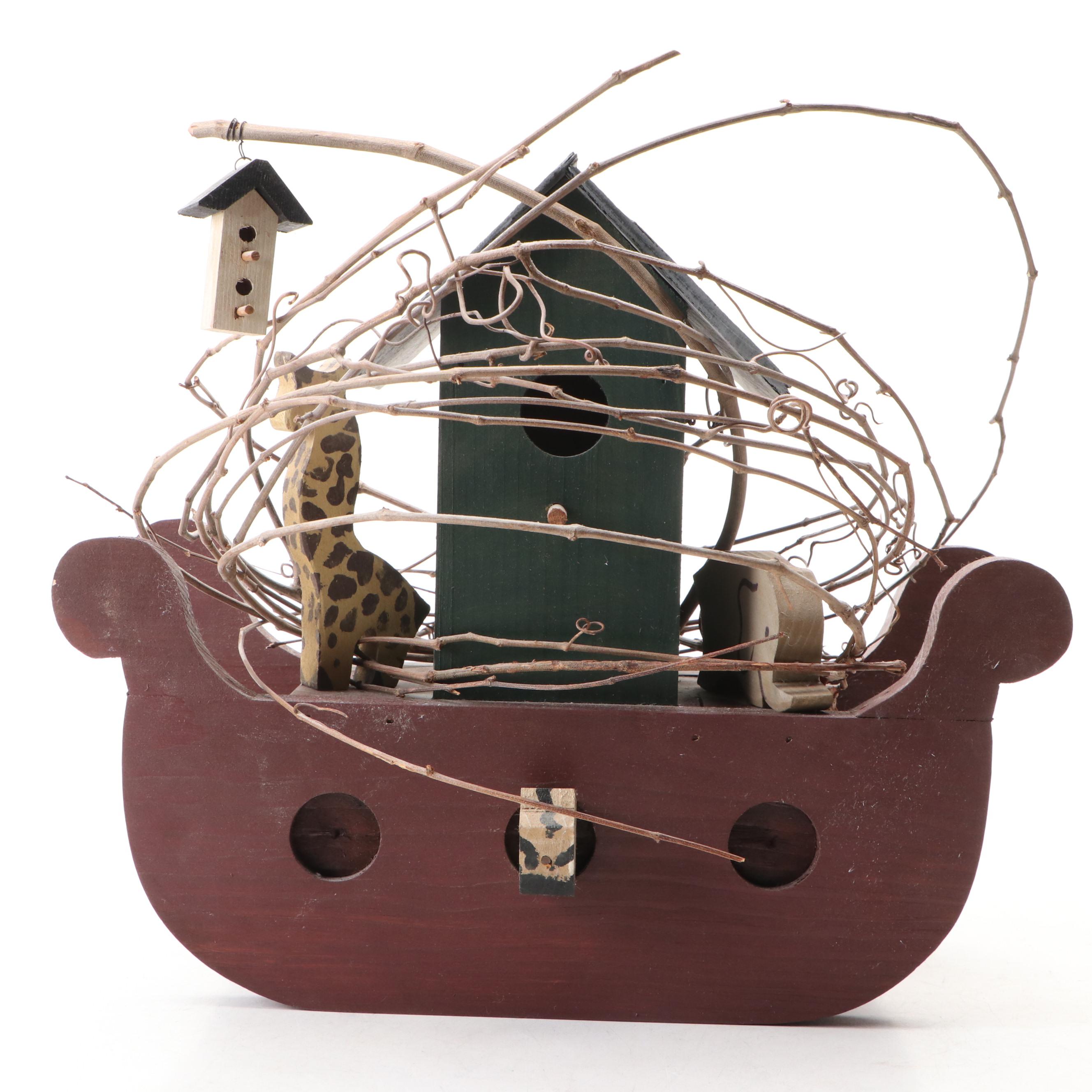 American Folk Art Style Wooden Ark with Animal Figurines