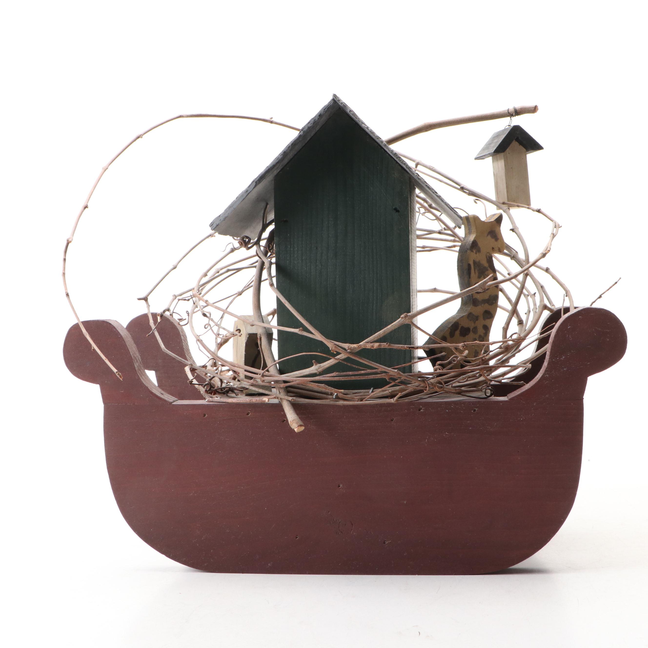 American Folk Art Style Wooden Ark with Animal Figurines