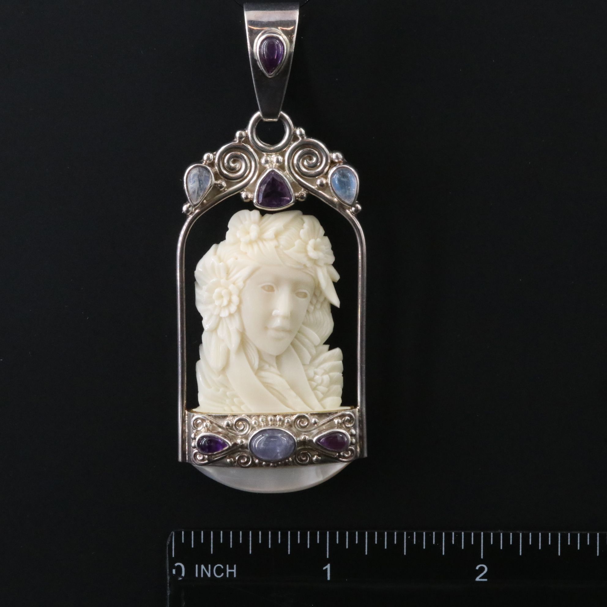 Sajen Sterling 925 Bone, Amethyst and Rainbow Moonstone Pendant