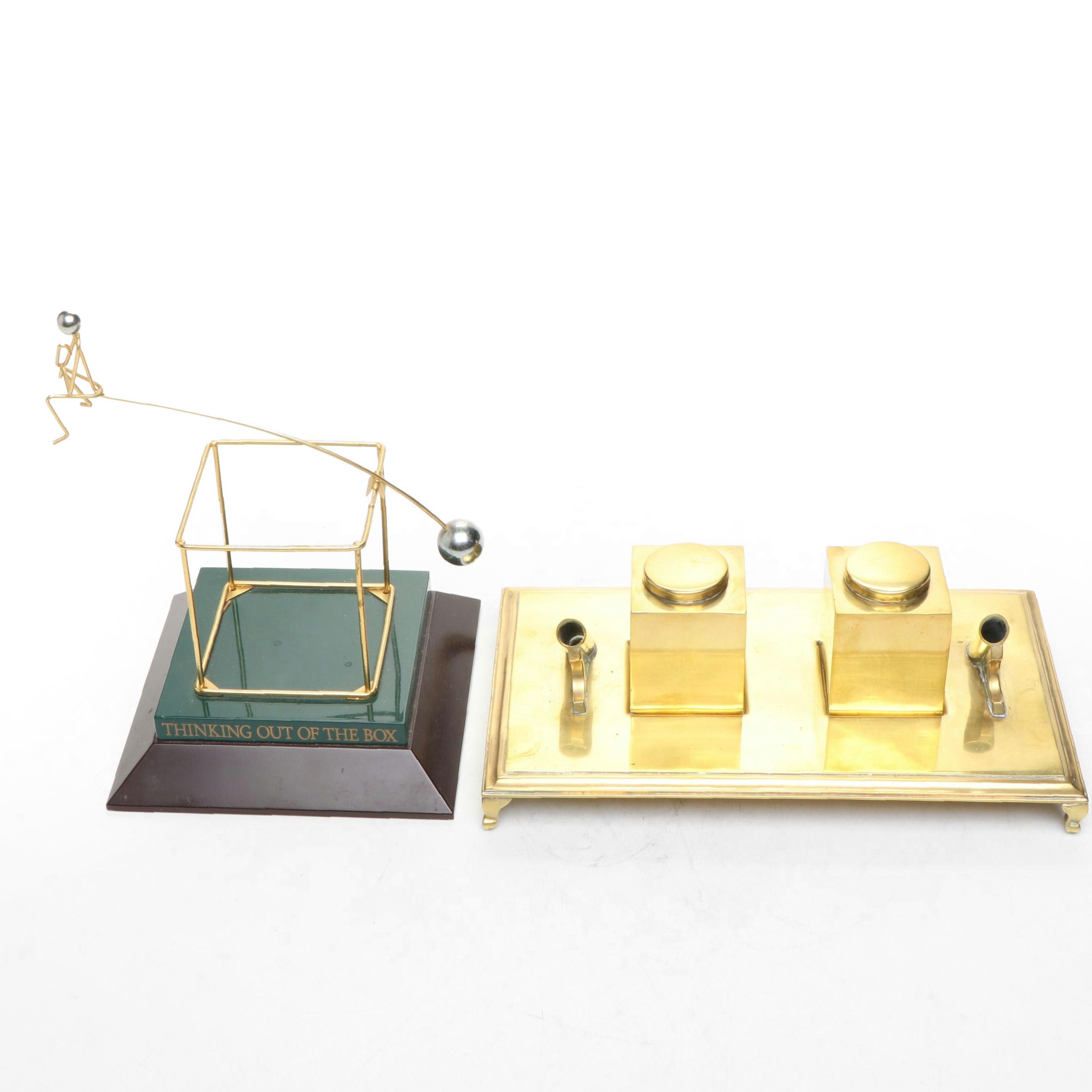 "Thinking Outside the Box" Figurine with Brass Inkwell Desk Set