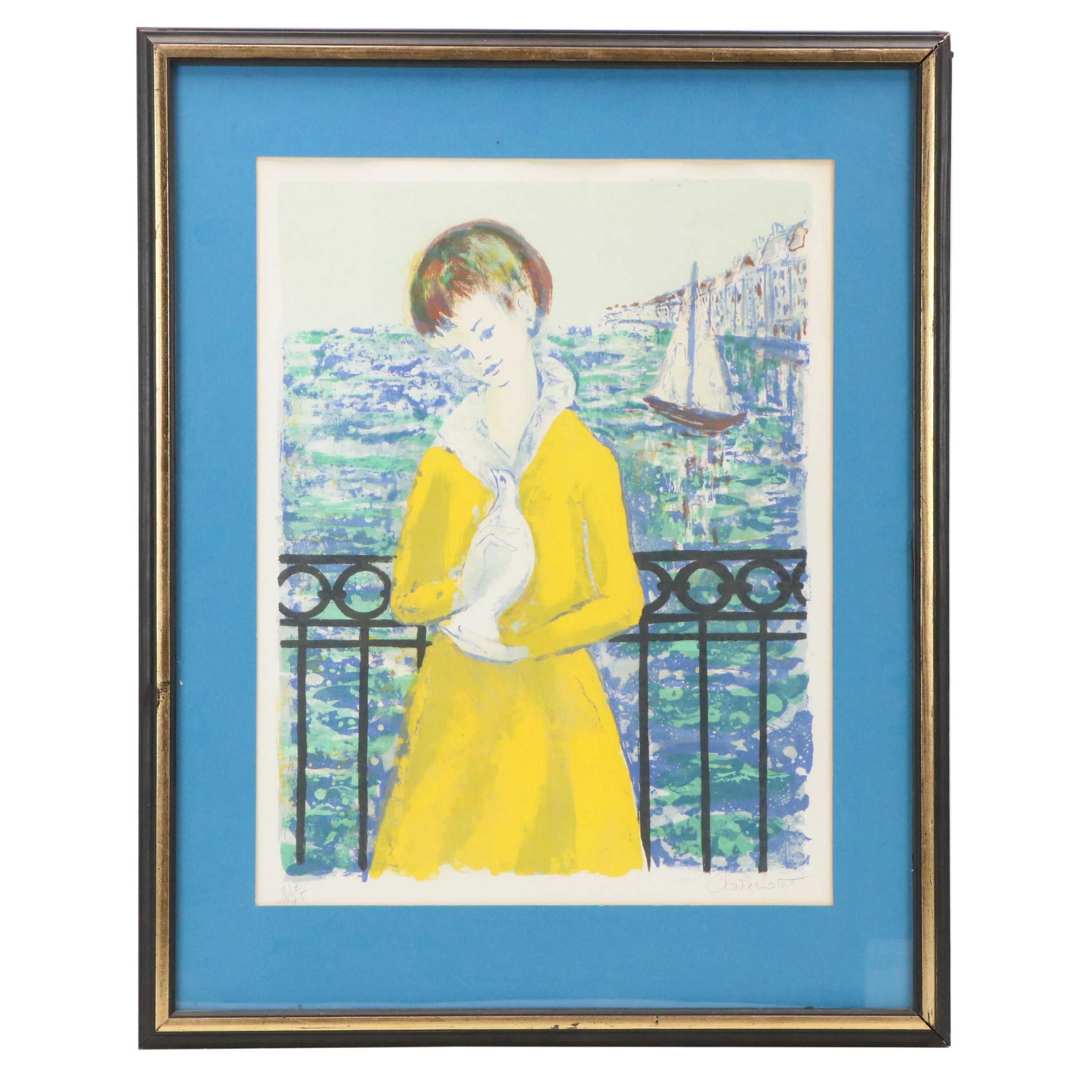 Jean Charnotet Lithograph of a Girl Holding Dove, 20th Century