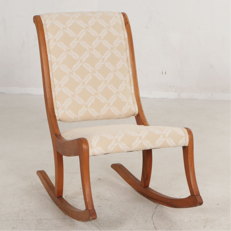 Oak Armless Sewing Rocker Features Woven Feather Motif Upholstry | EBTH