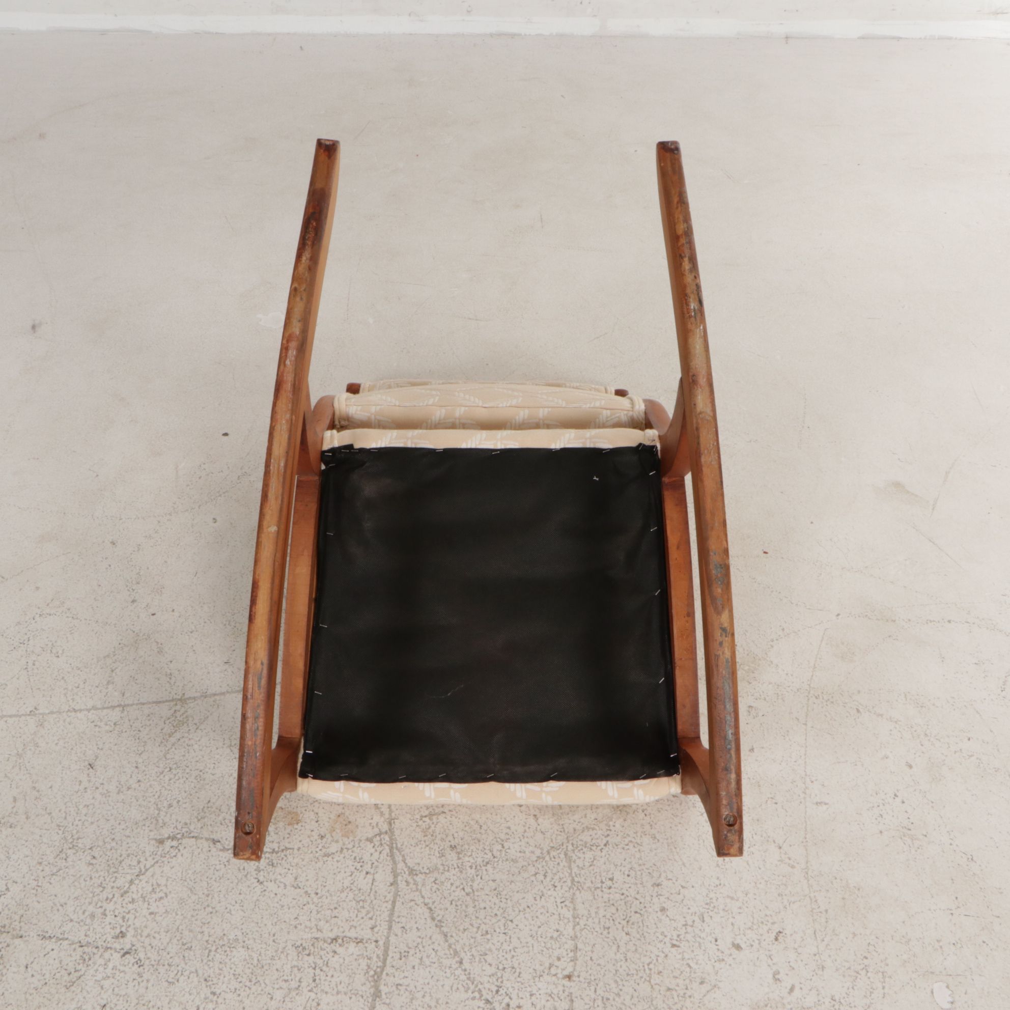 Oak Armless Sewing Rocker Features Woven Feather Motif Upholstry