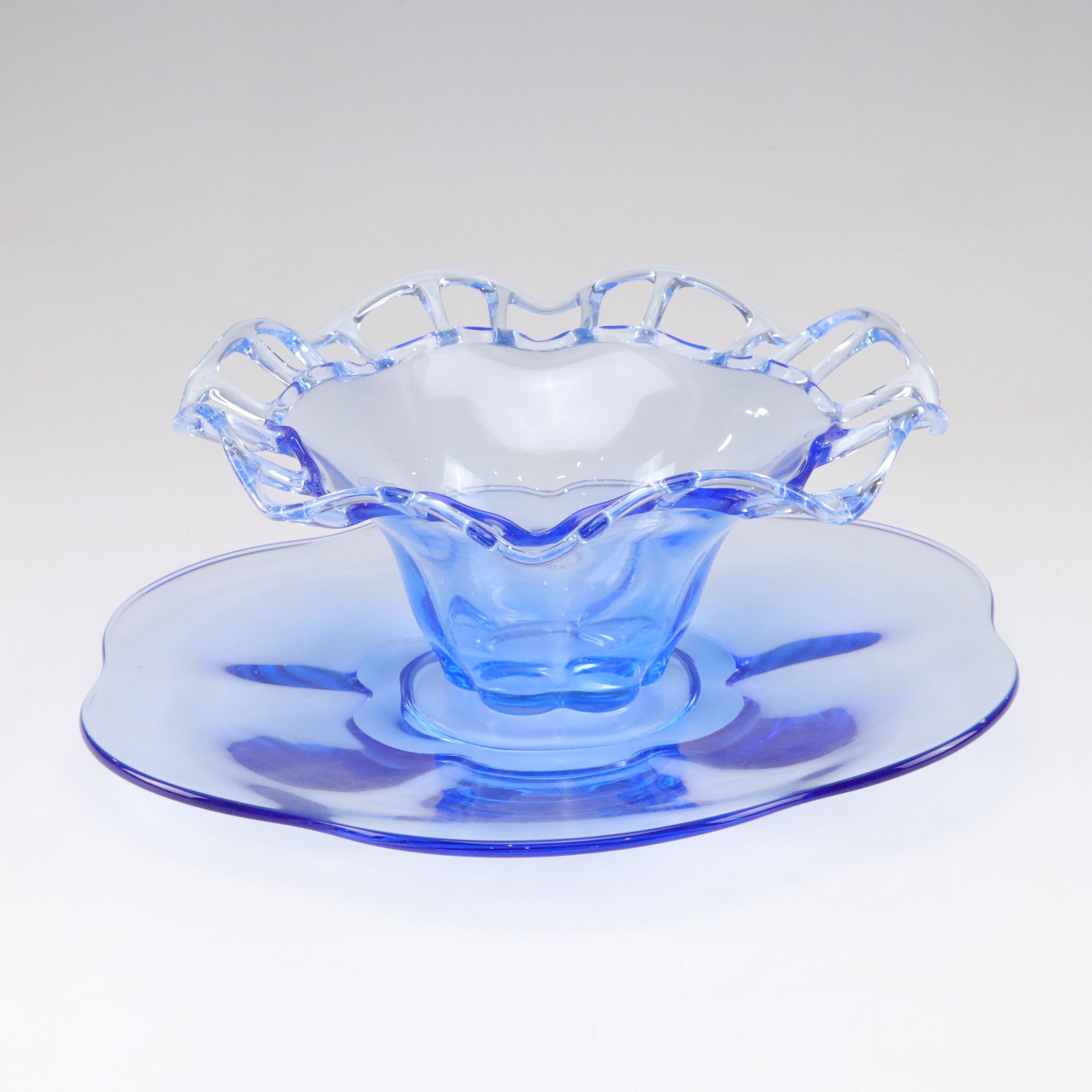 Duncan Miller Blue Glass Center Bowl and Underplate, Mid  20th Century