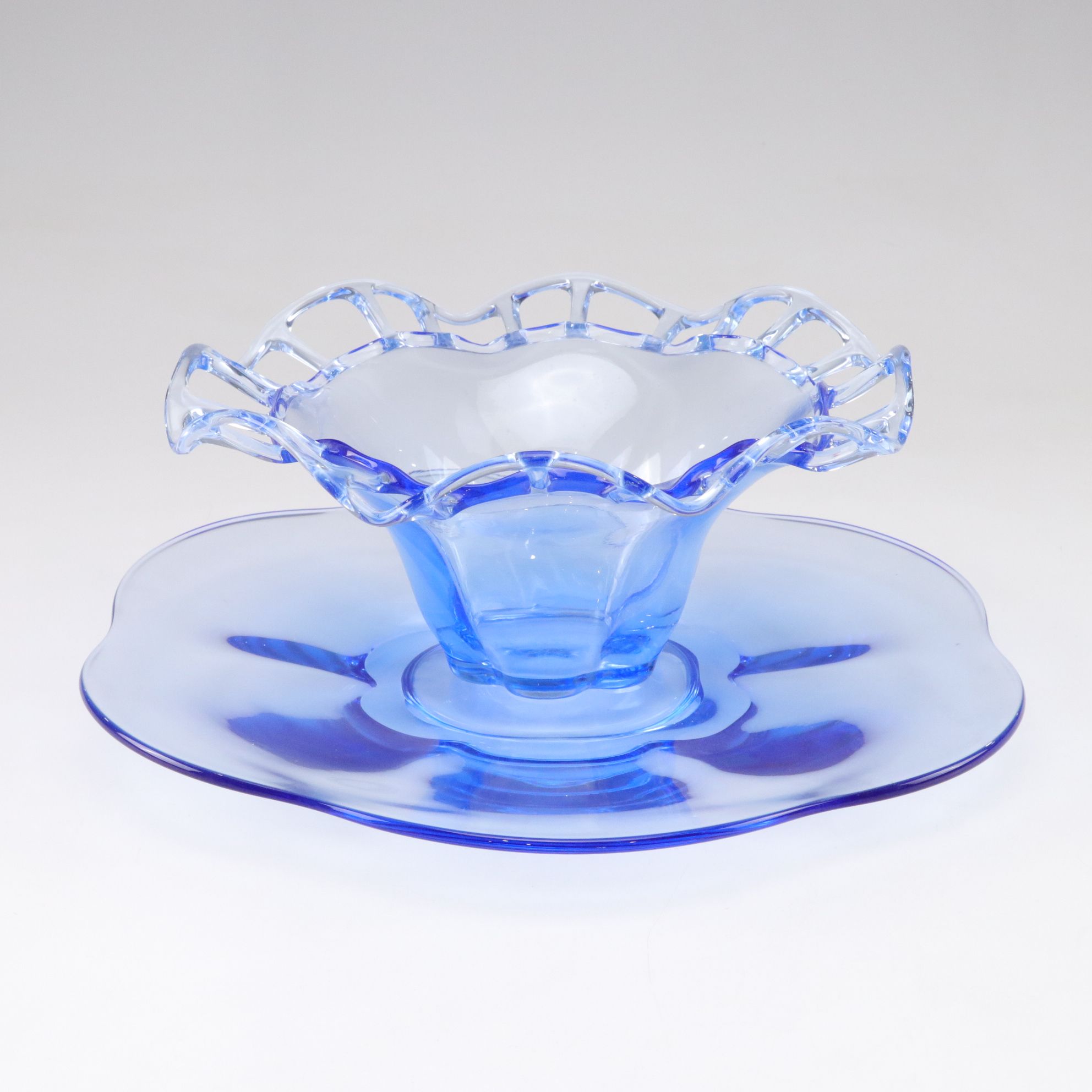 Duncan Miller Blue Glass Center Bowl and Underplate, Mid  20th Century