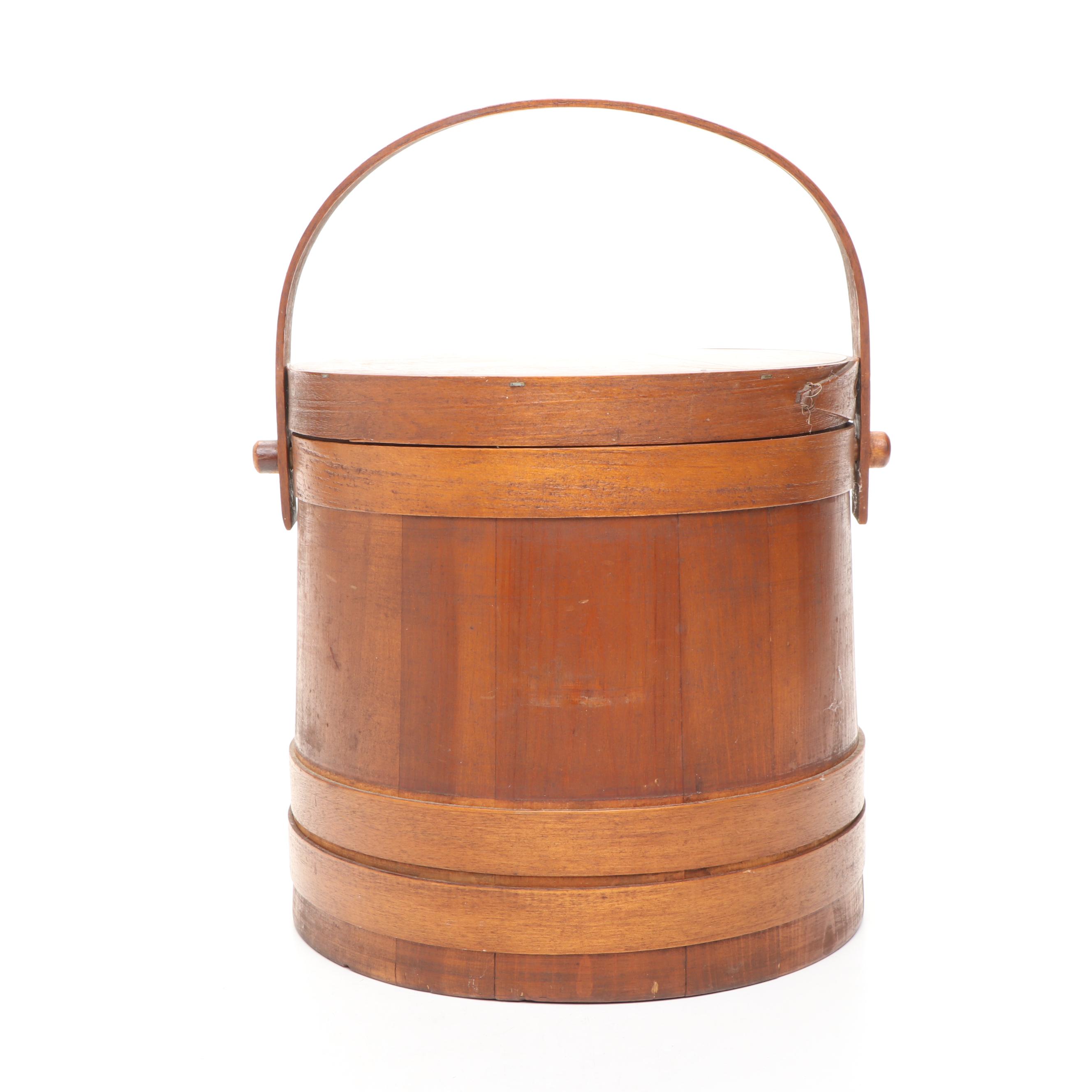 Painted Wooden Rooster Candlesticks, Wooden Lidded Bucket, and Ceramic Planter