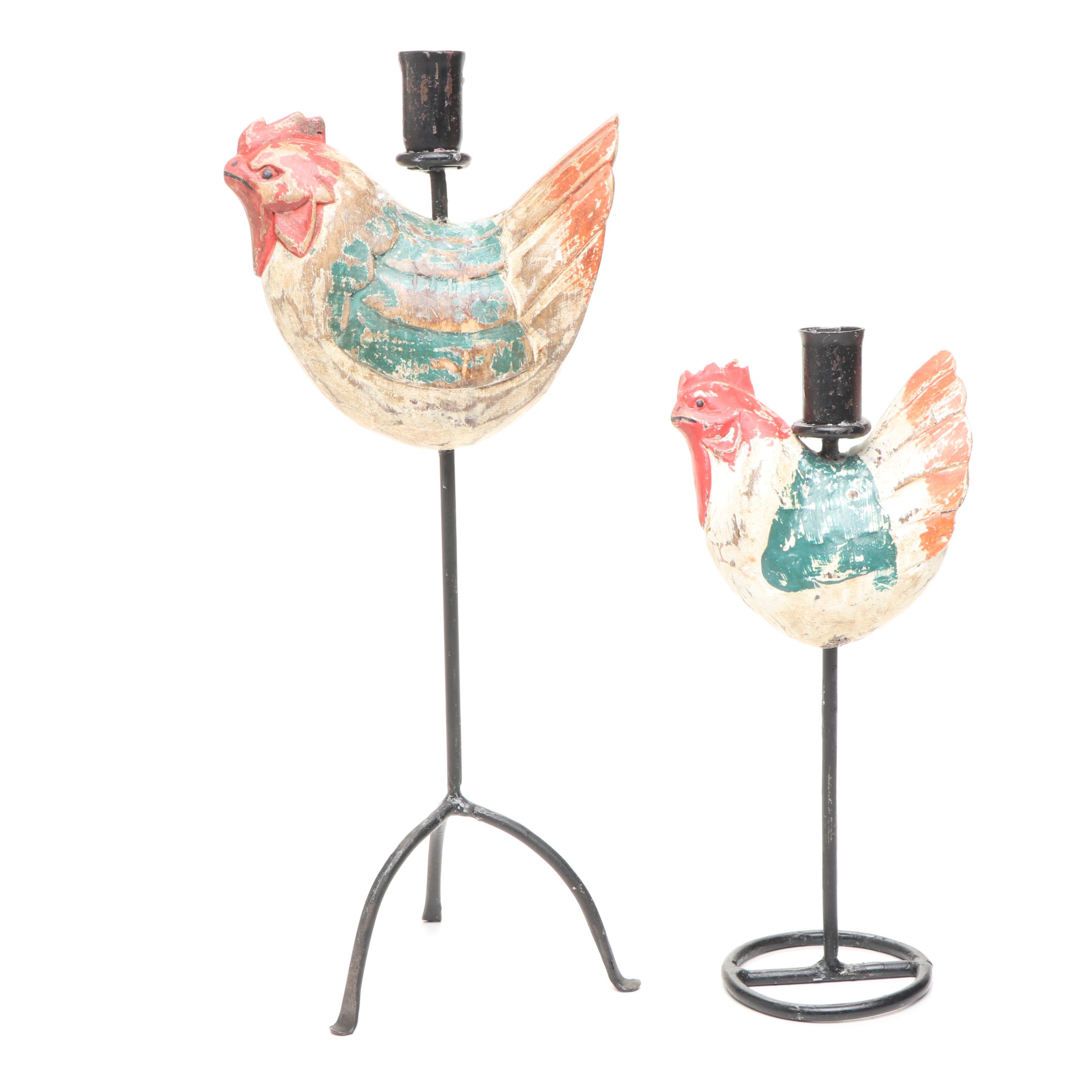 Painted Wooden Rooster Candlesticks, Wooden Lidded Bucket, and Ceramic Planter