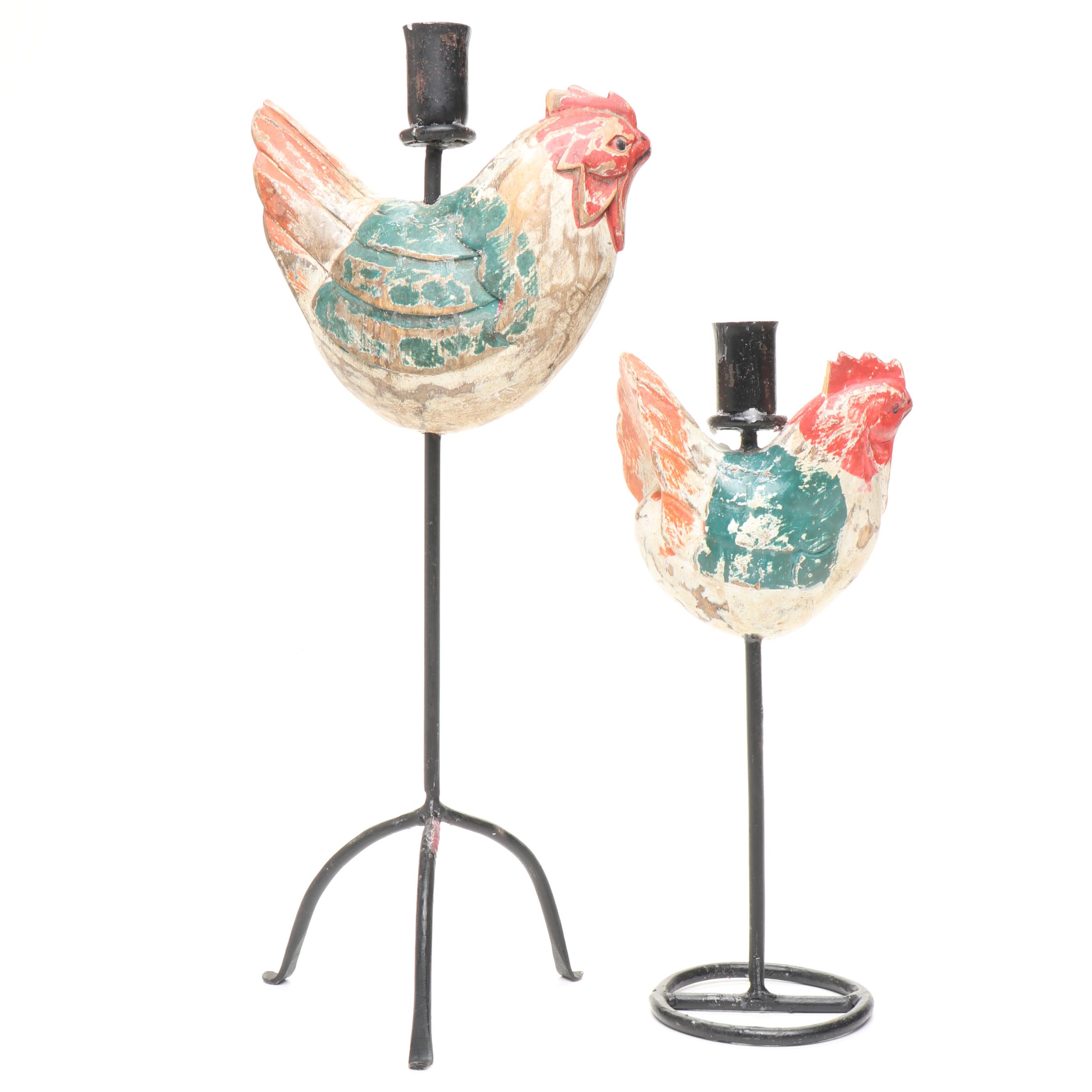 Painted Wooden Rooster Candlesticks, Wooden Lidded Bucket, and Ceramic Planter