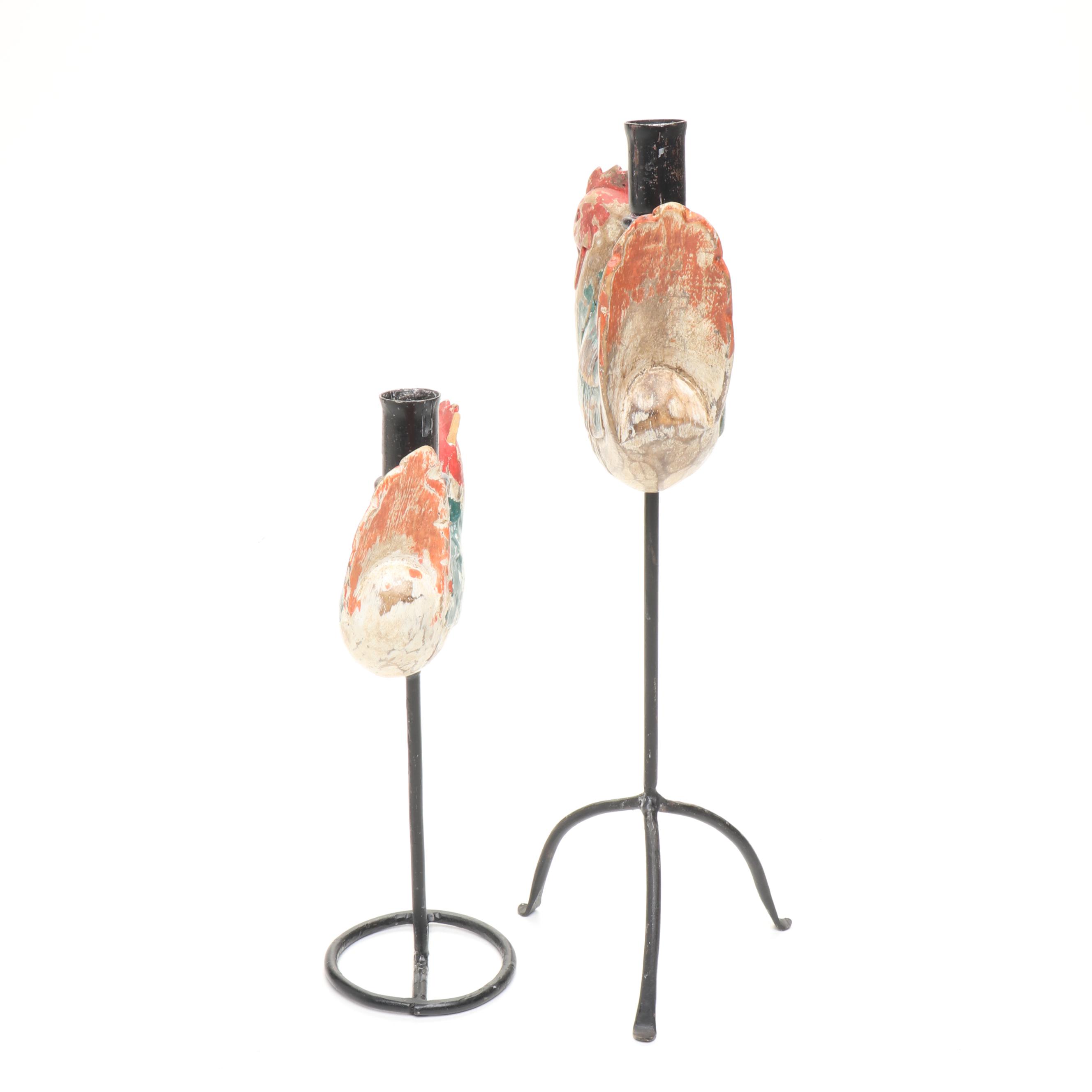 Painted Wooden Rooster Candlesticks, Wooden Lidded Bucket, and Ceramic Planter