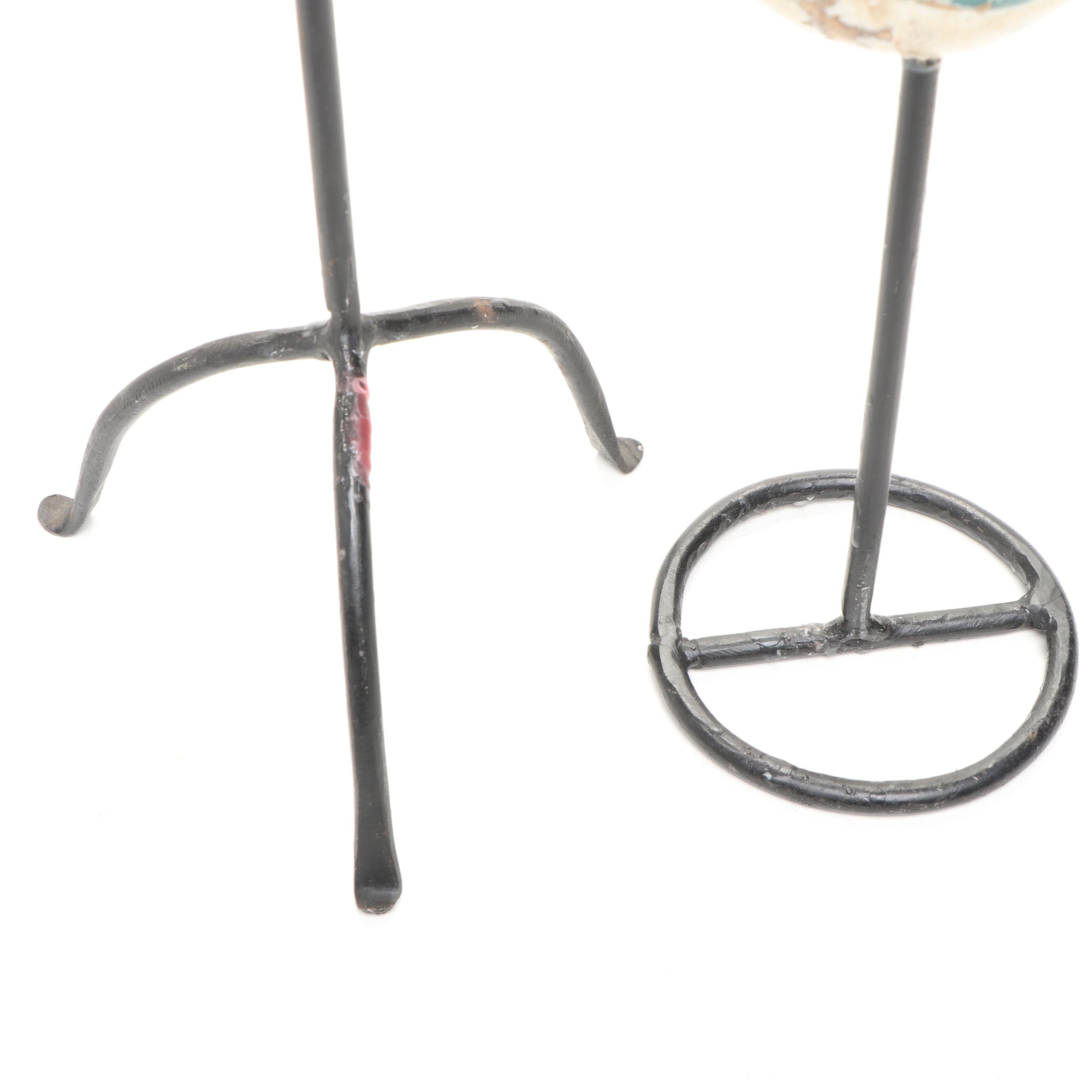 Painted Wooden Rooster Candlesticks, Wooden Lidded Bucket, and Ceramic Planter