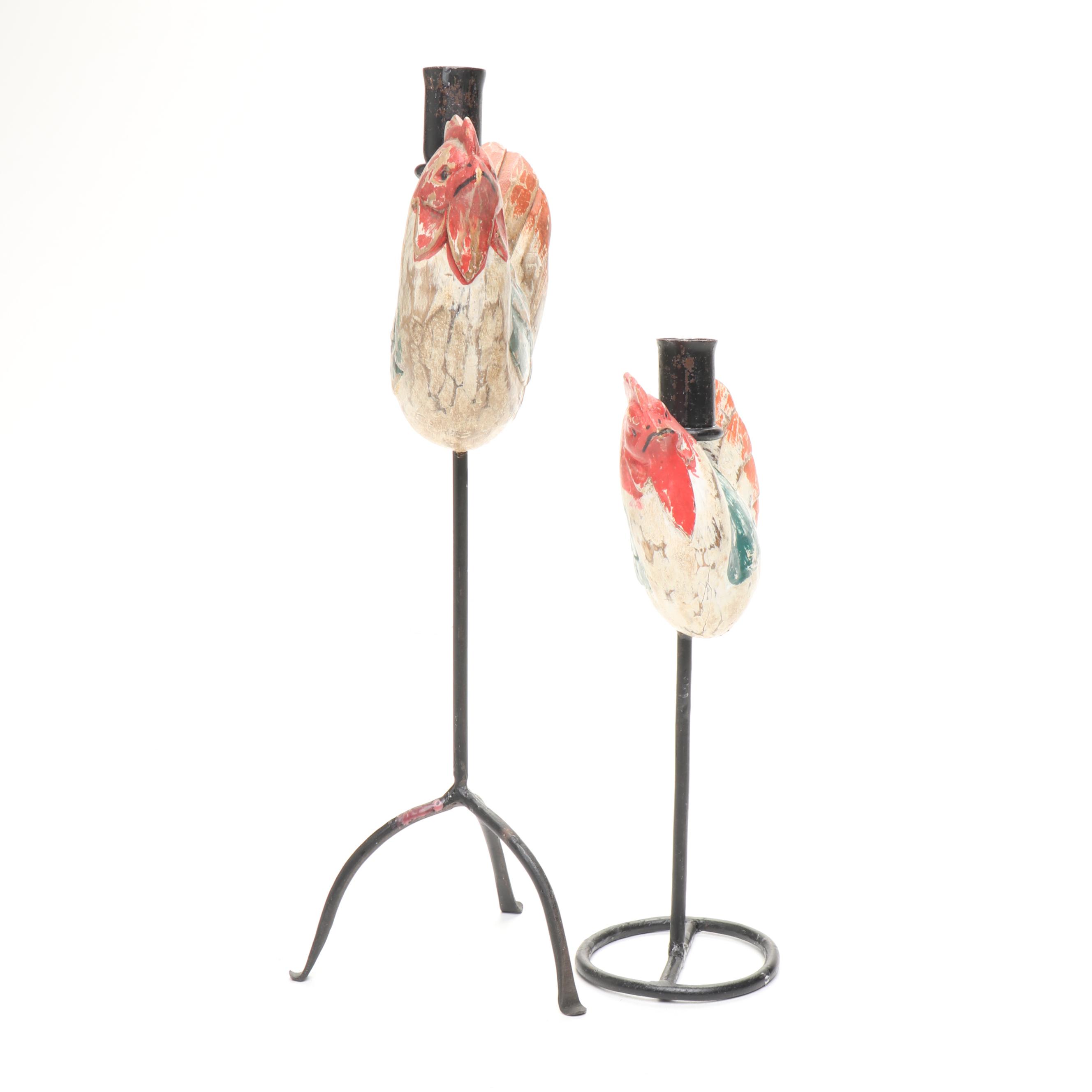 Painted Wooden Rooster Candlesticks, Wooden Lidded Bucket, and Ceramic Planter