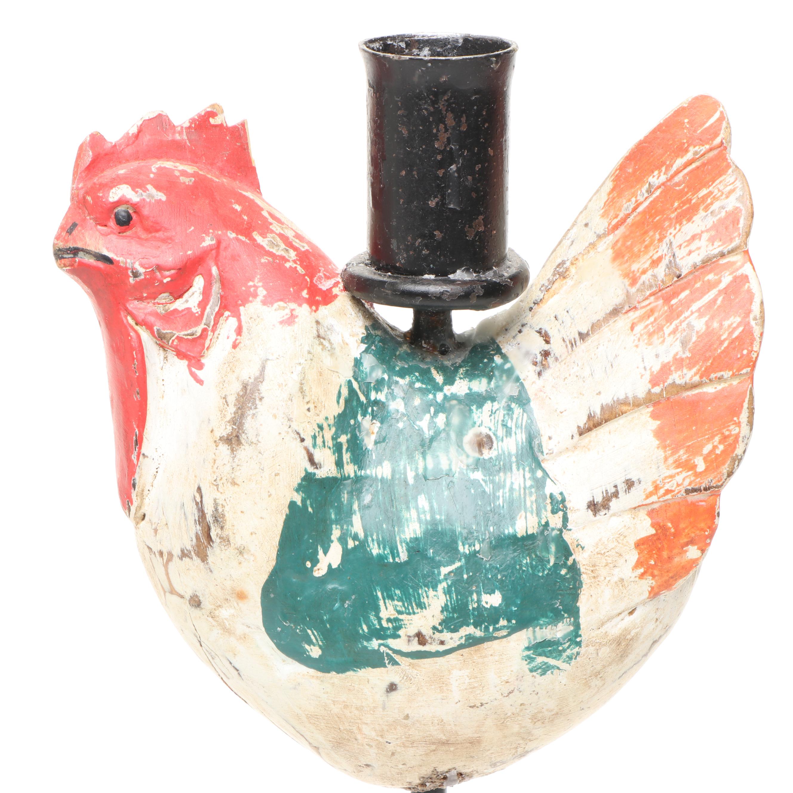 Painted Wooden Rooster Candlesticks, Wooden Lidded Bucket, and Ceramic Planter