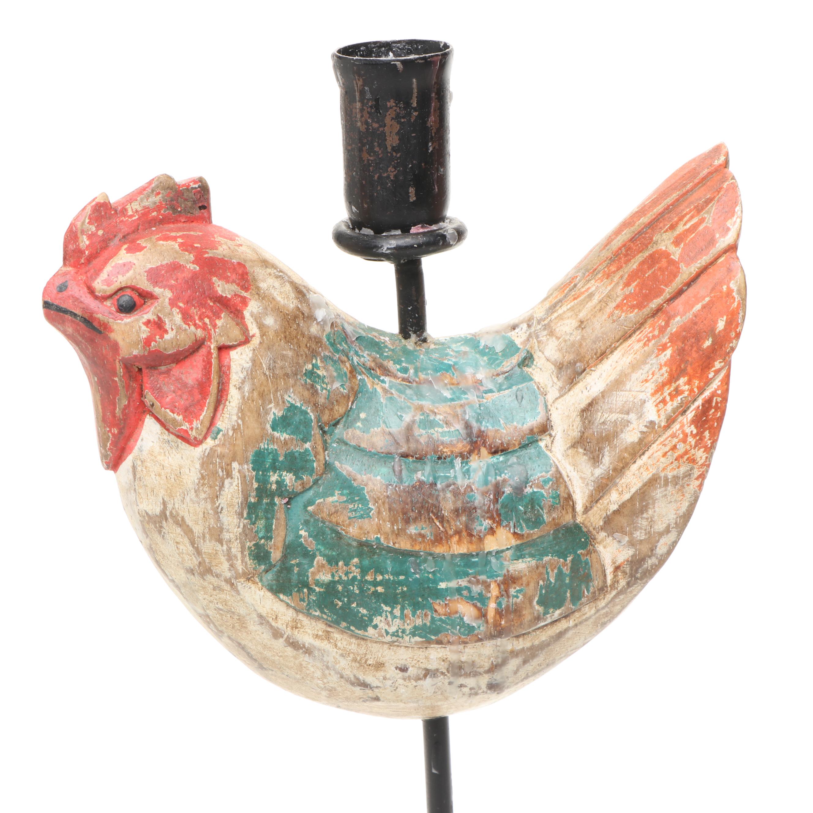 Painted Wooden Rooster Candlesticks, Wooden Lidded Bucket, and Ceramic Planter