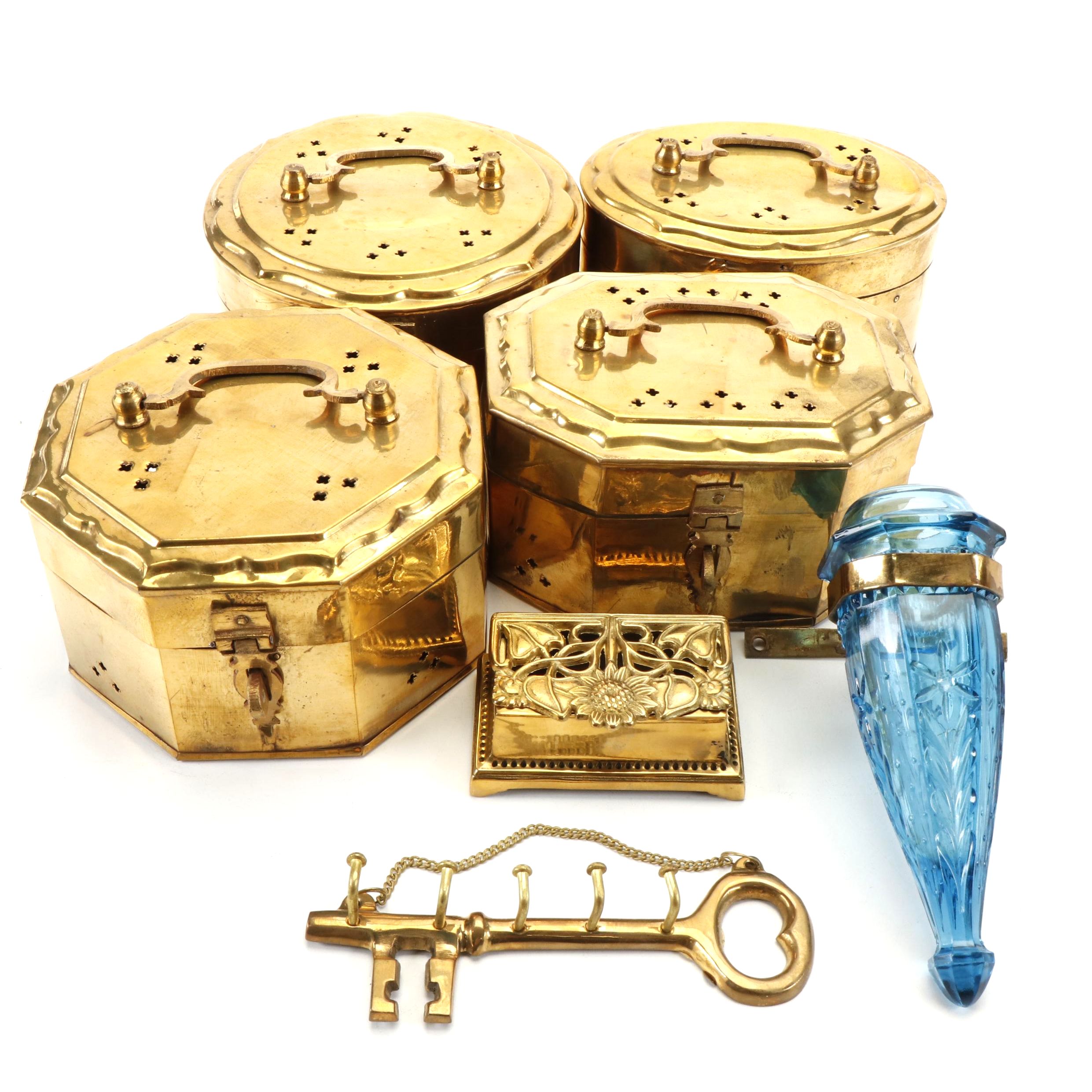 Gatco Brass Skeleton Key Hanger, Brass Cricket Boxes and Blue Glass Car Vase