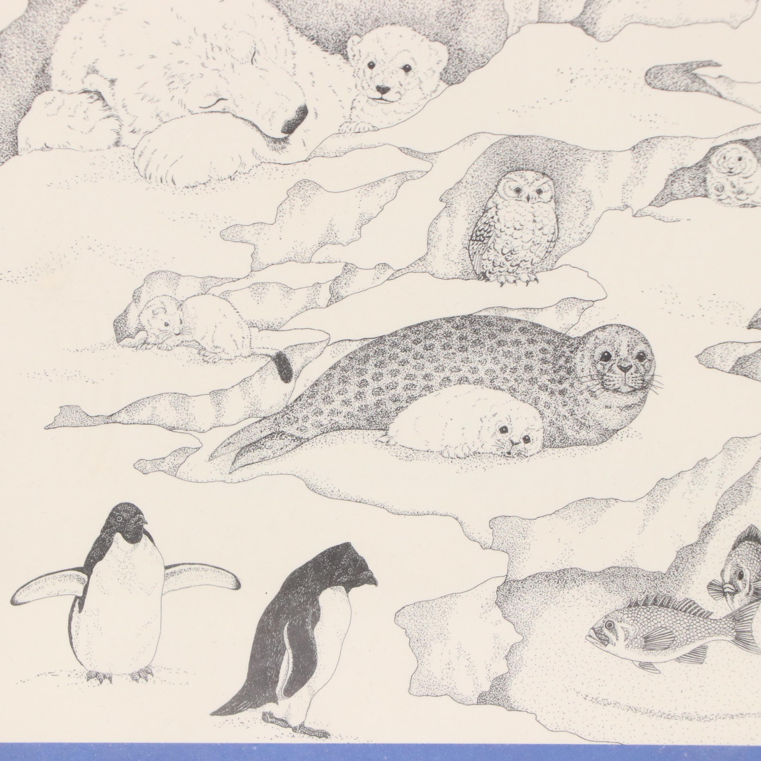 Lithograph Illustration of Arctic Wildlife, Late 20th Century