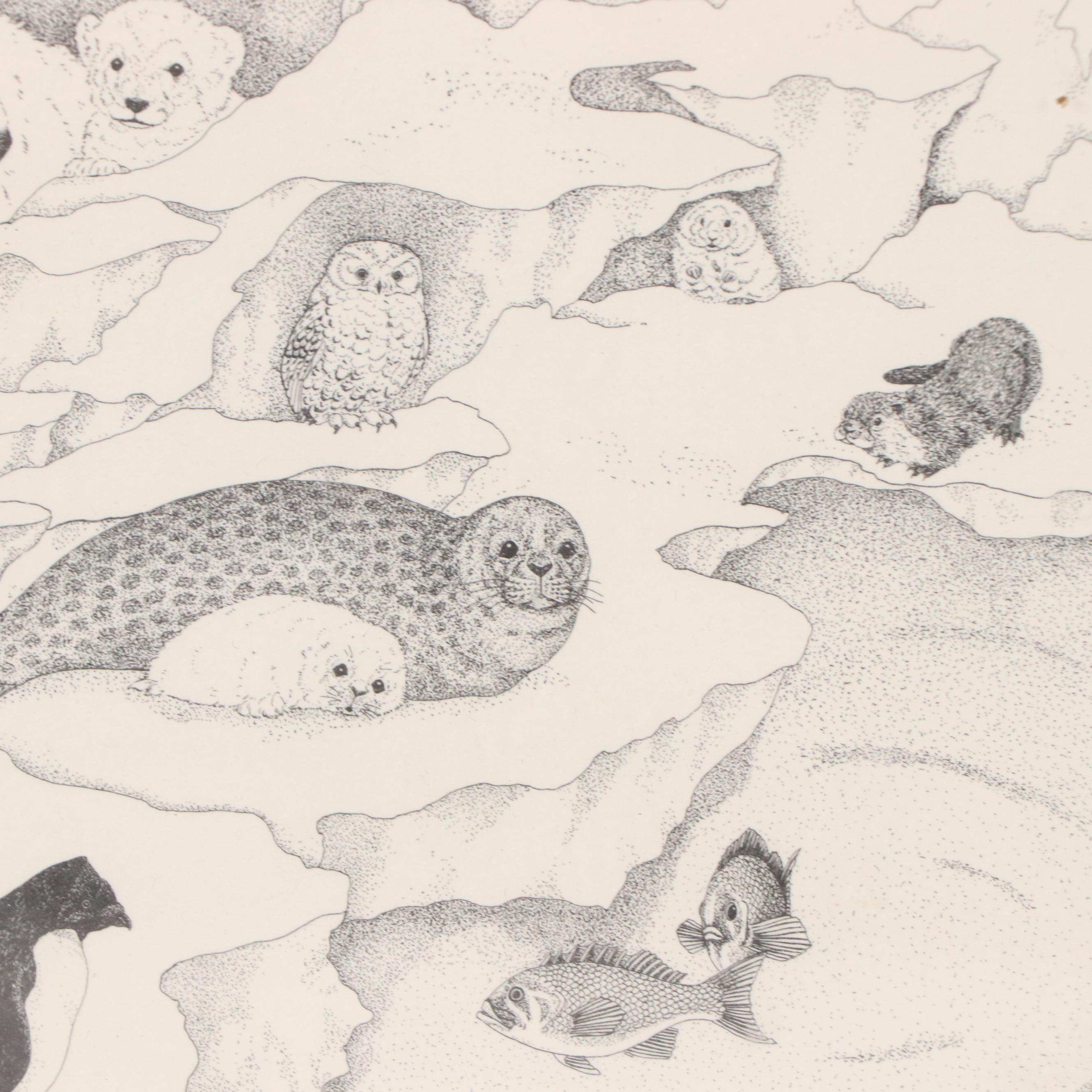 Lithograph Illustration of Arctic Wildlife, Late 20th Century