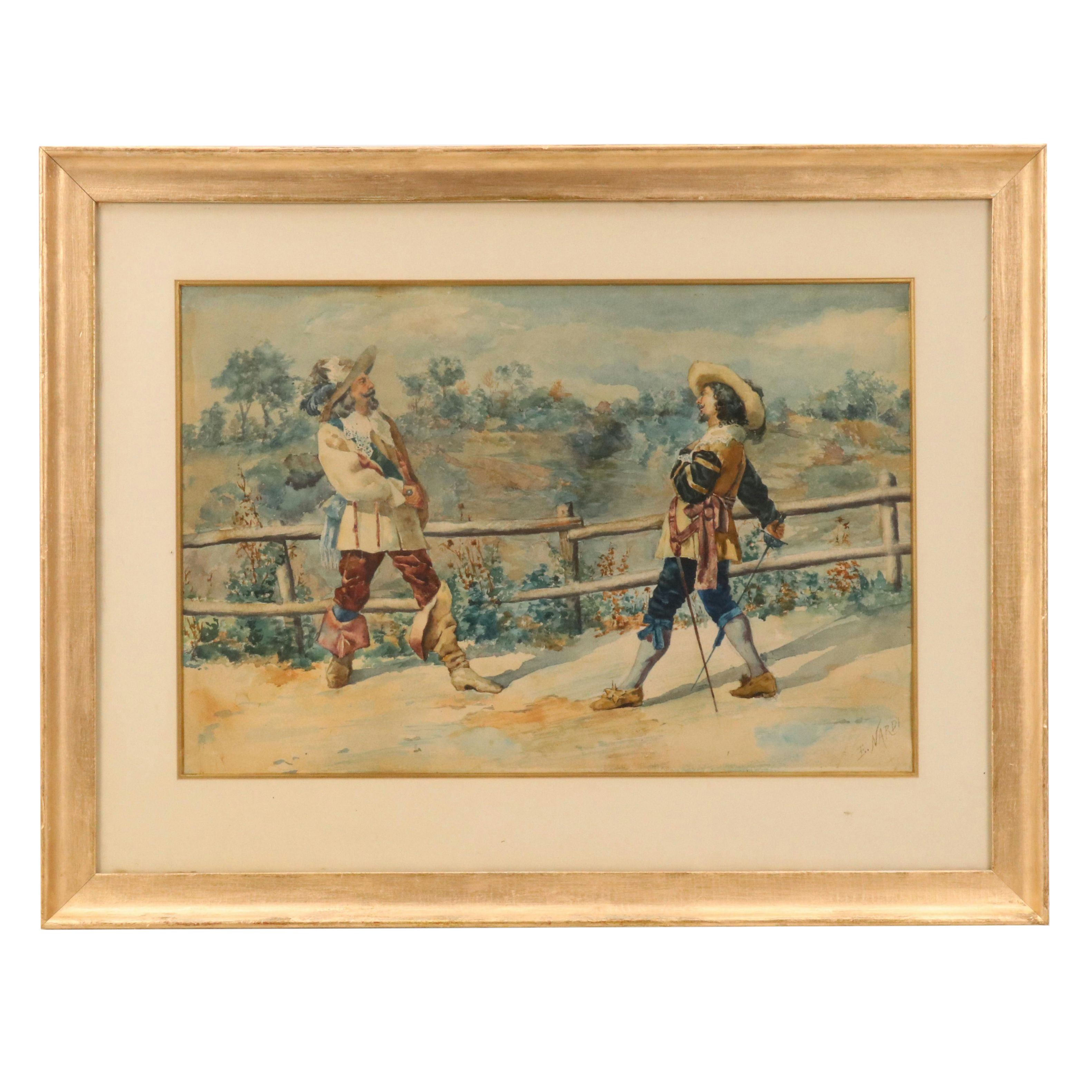 Enrico Nardi Watercolor of Two Cavaliers