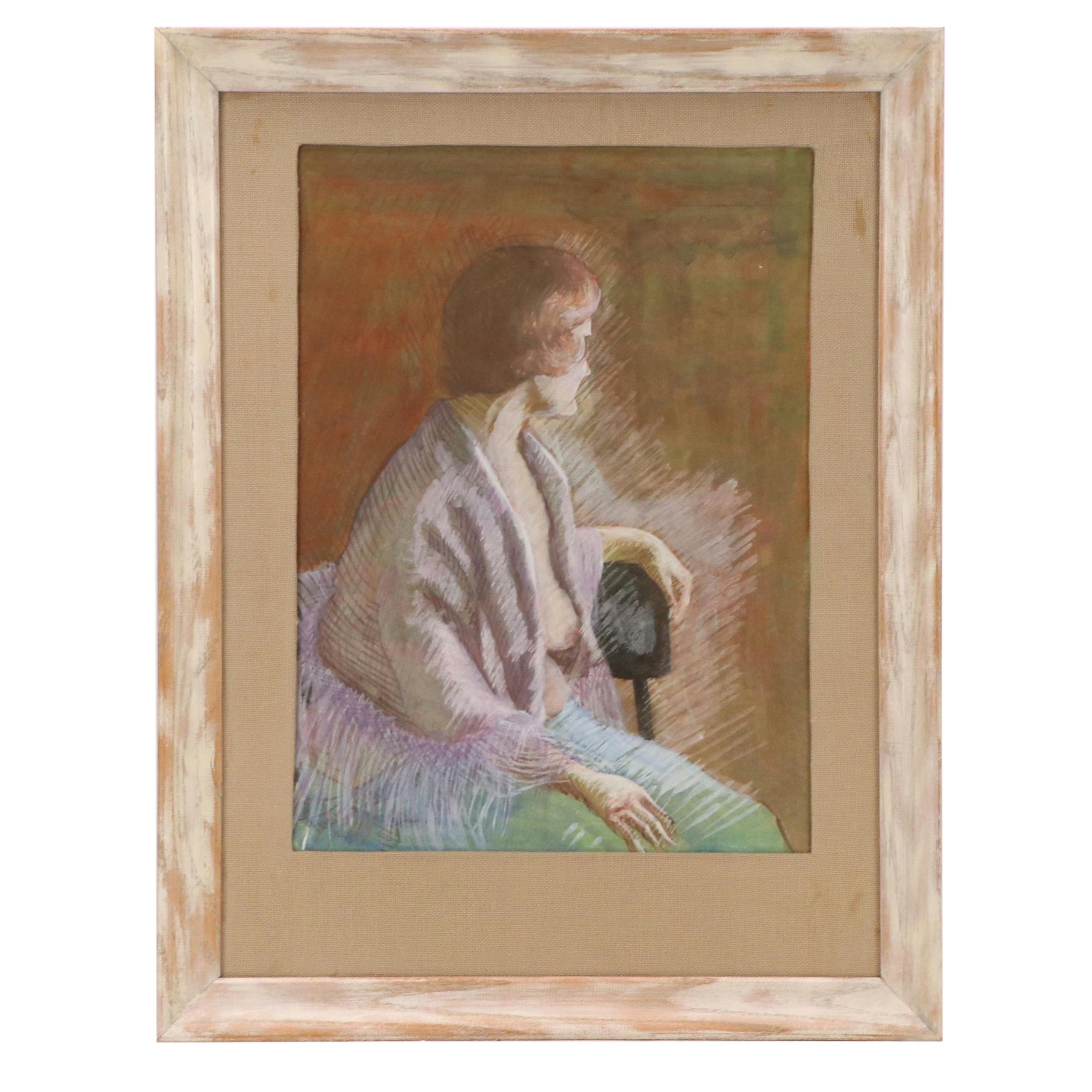 Watercolor and Gouache Portrait of a Seated Woman, Late 20th Century