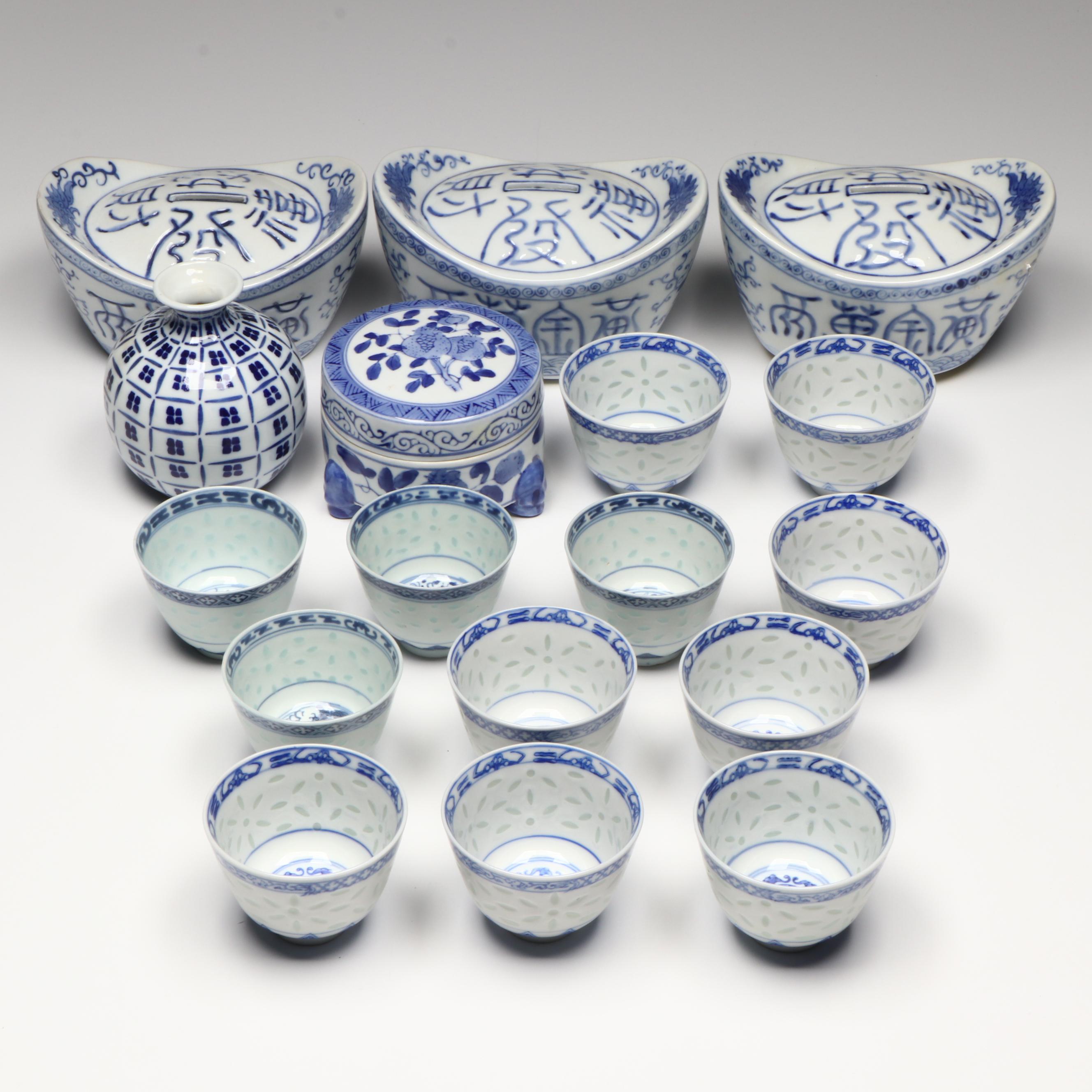 Chinese Blue and White Rice Porcelain Teacups with Other Blue and White Décor