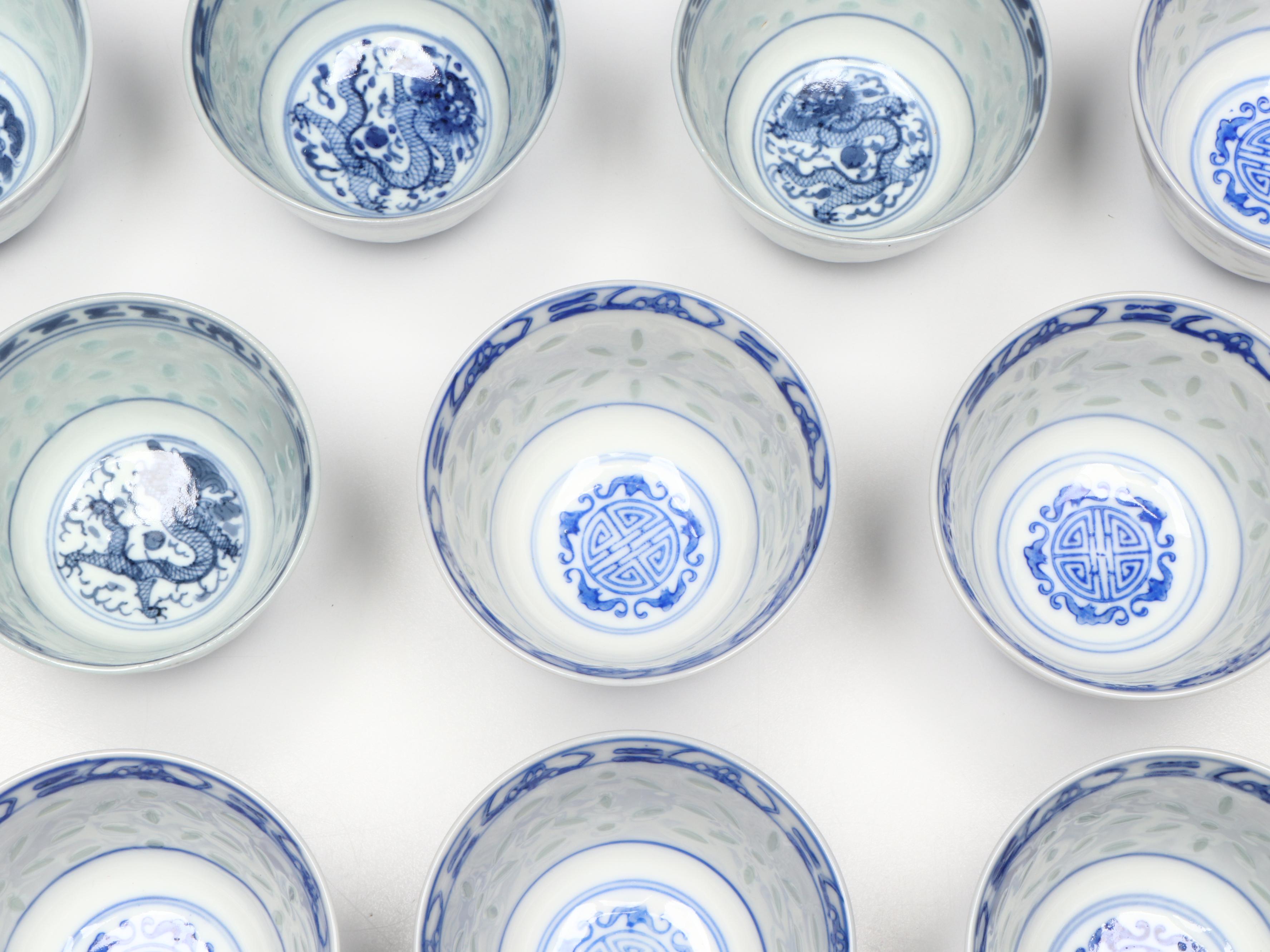 Chinese Blue and White Rice Porcelain Teacups with Other Blue and White Décor