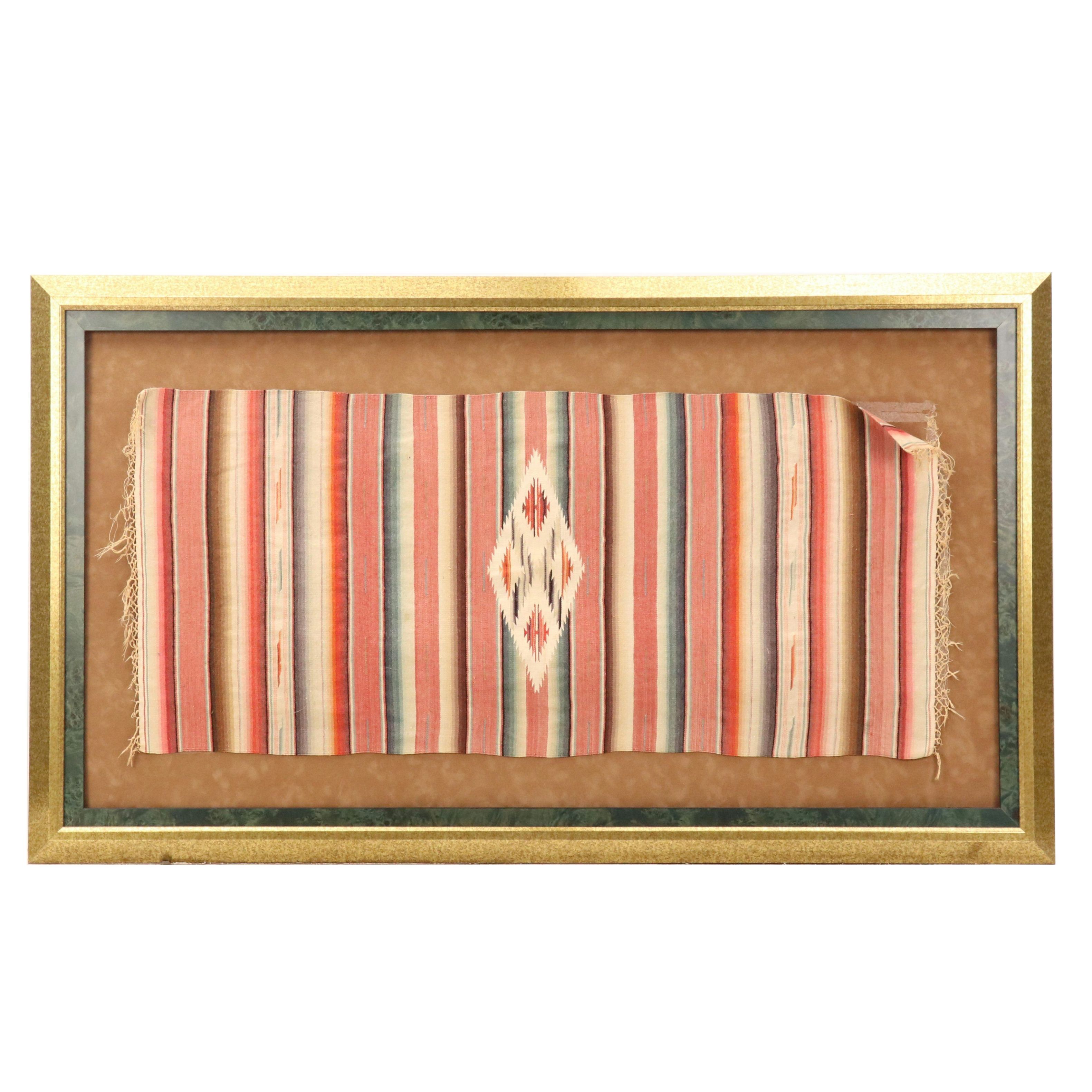 Handwoven Mexican Saltillo Serape with Red and Blue Stripes in Frame
