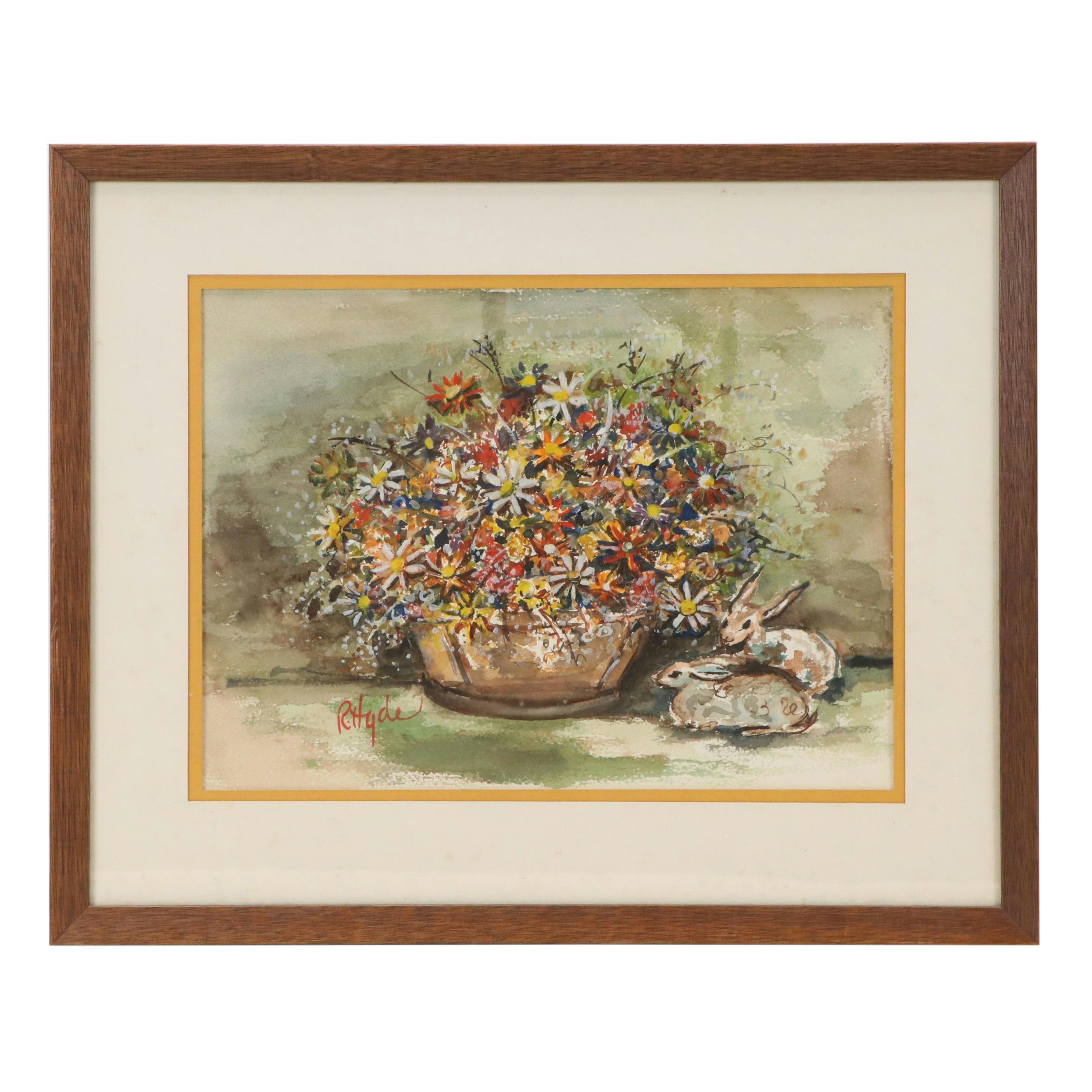 R. Hyde Watercolor Painting with Floral Still Life and Rabbits