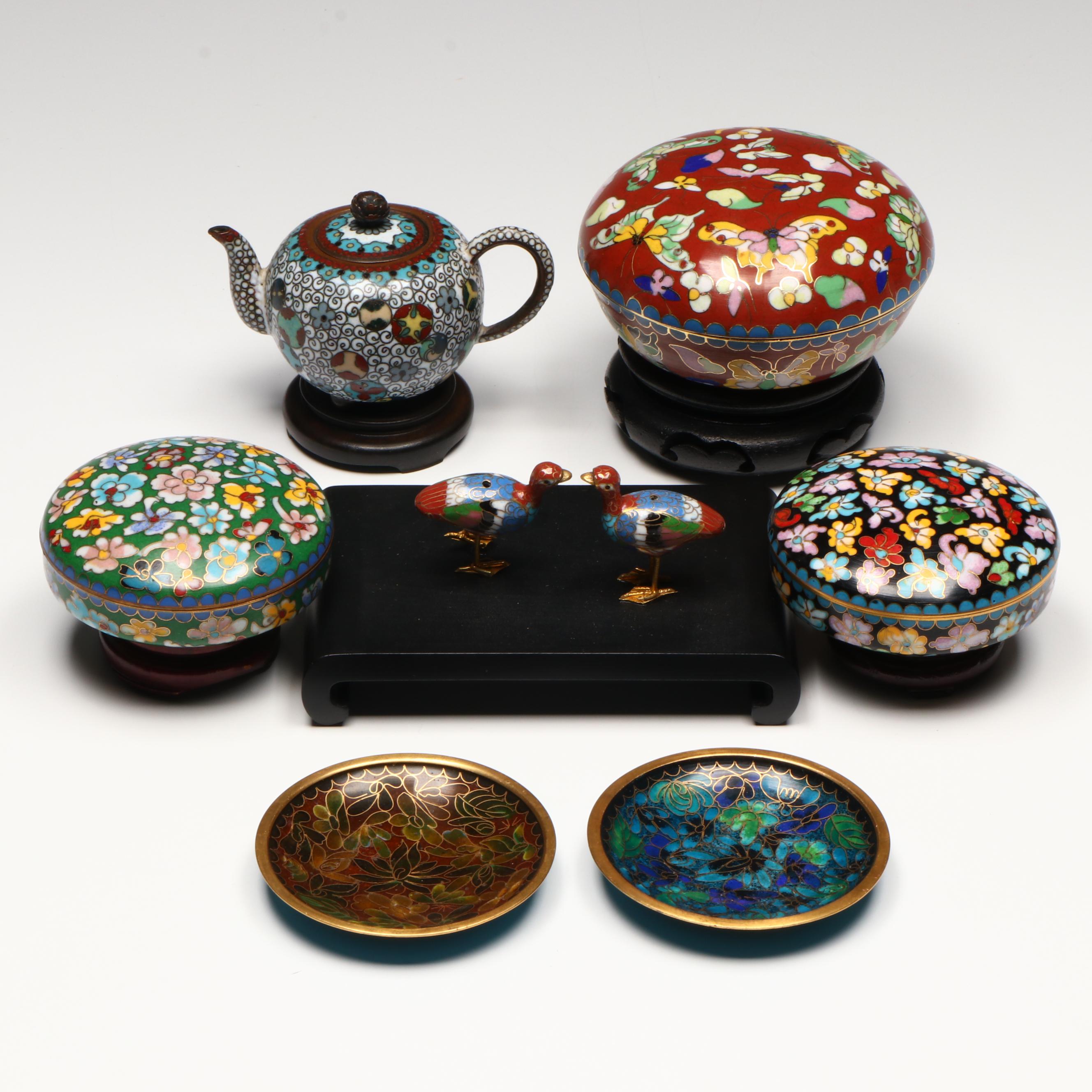 Chinese Cloisonné Covered Boxes with Other Cloisonné Décor, Stands