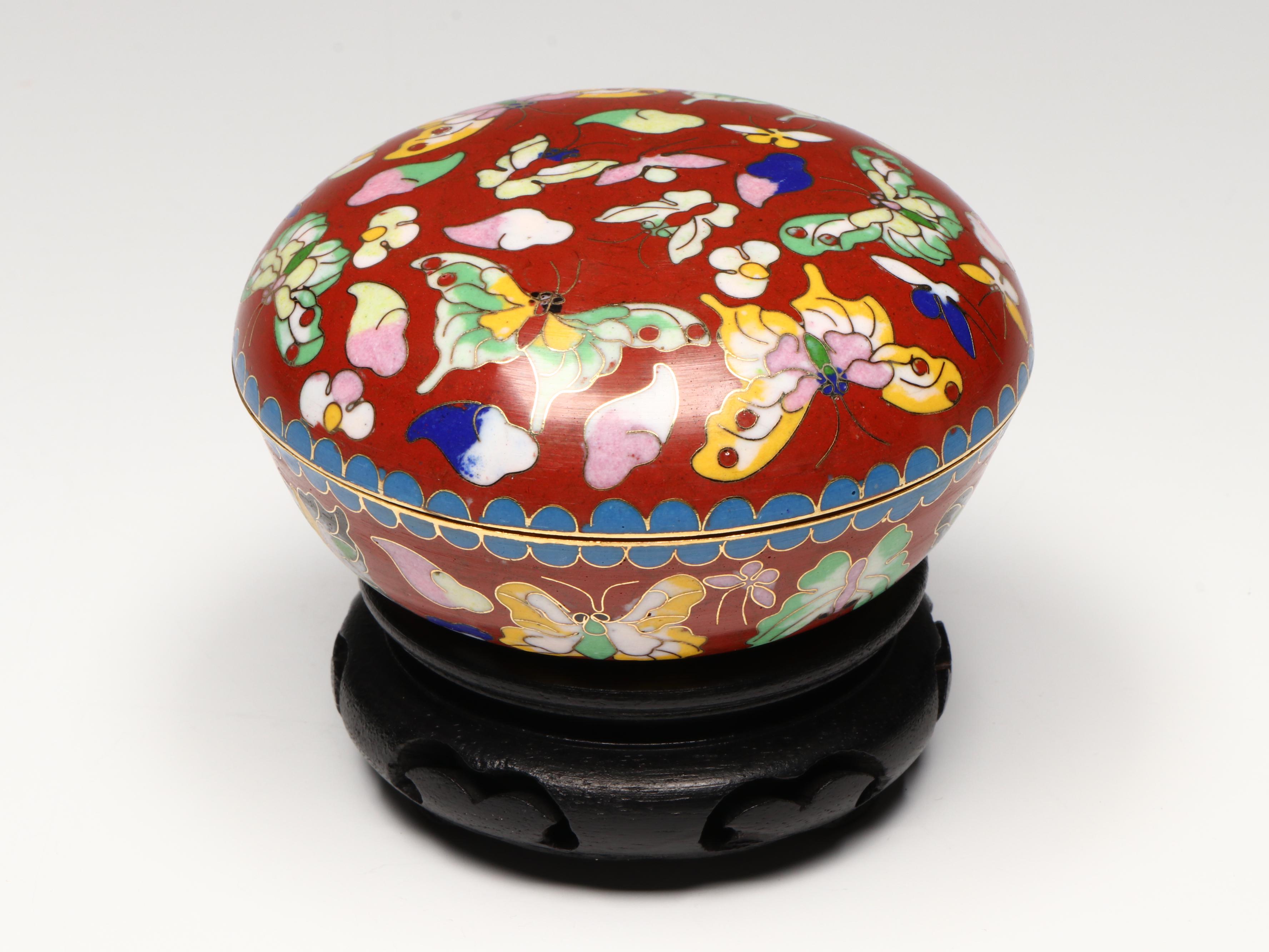 Chinese Cloisonné Covered Boxes with Other Cloisonné Décor, Stands